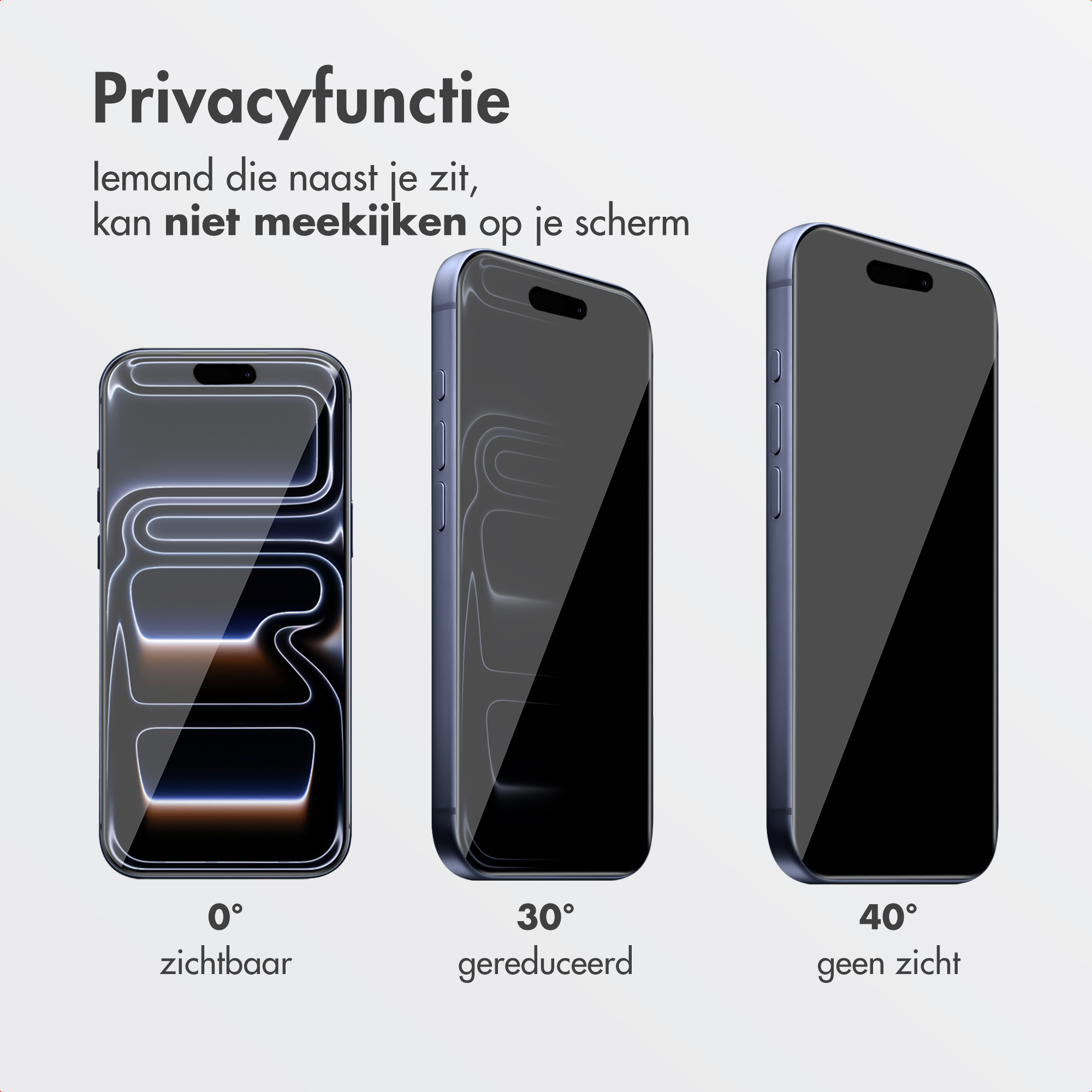 Image shows three phones with varying visibility angles. Text explains privacy function, preventing side viewing.