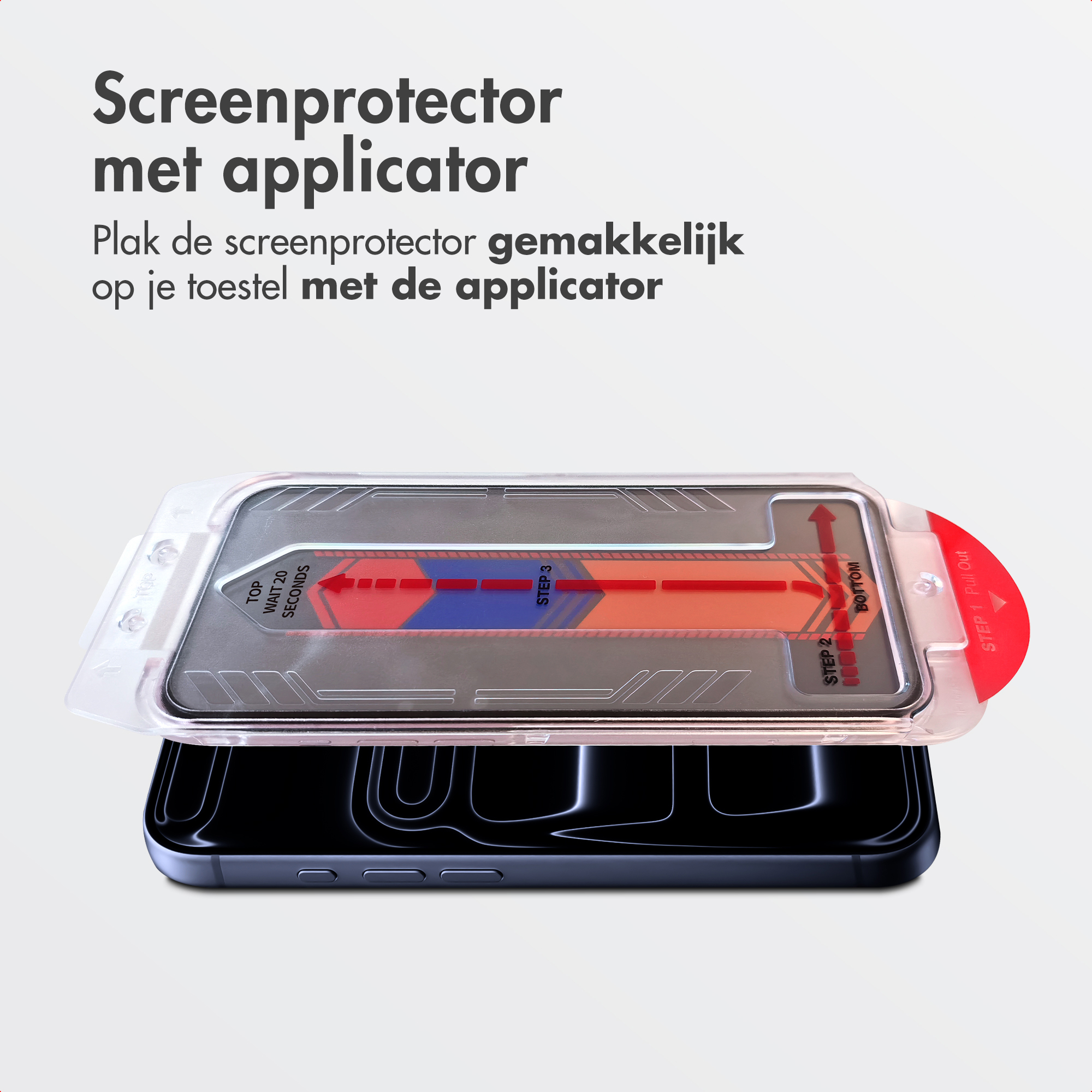 A phone with a screen protector applicator. Instructions are printed on the applicator. The phone is black.