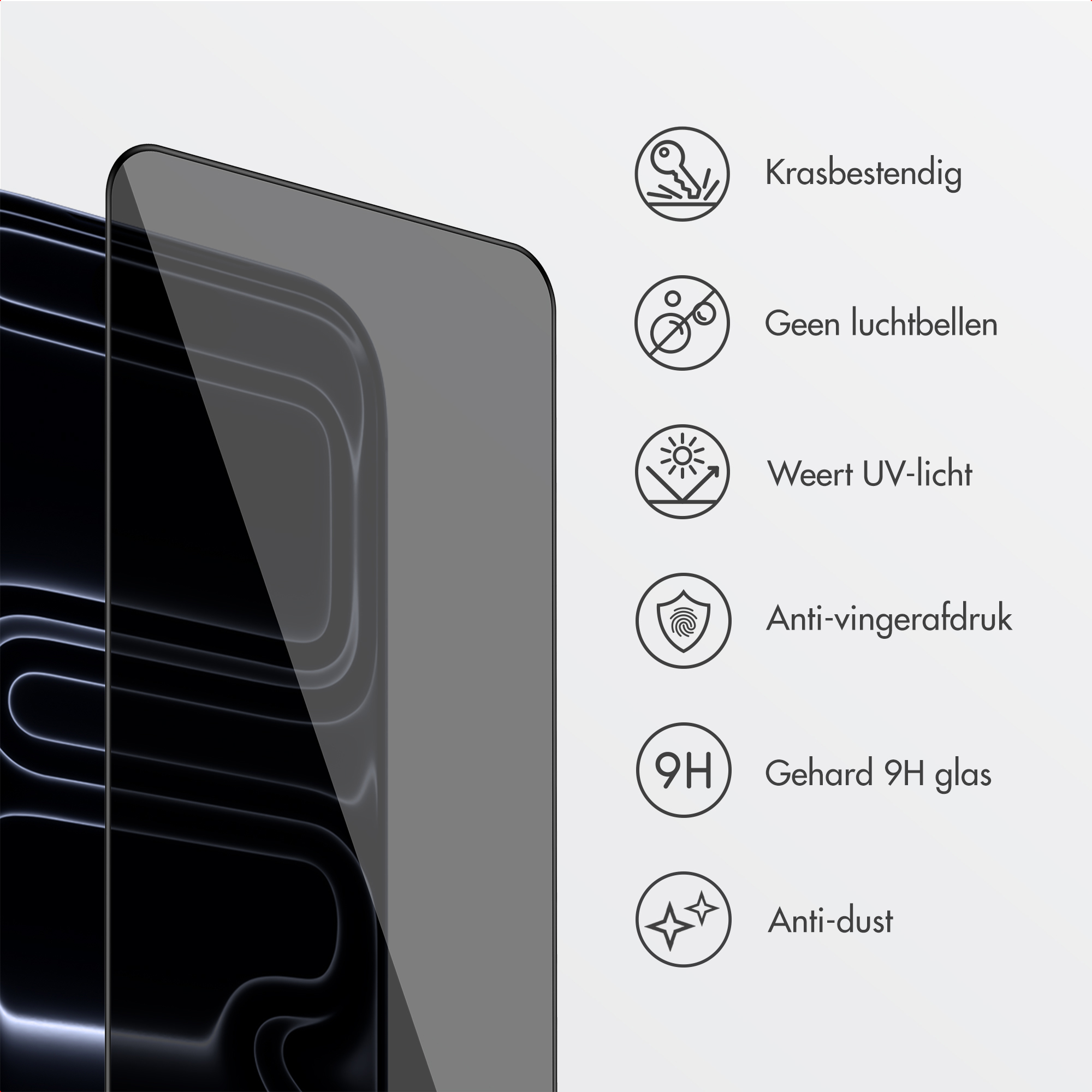 A phone screen protector with features icons. It is scratch-resistant, bubble-free, UV-light resistant, and anti-fingerprint.