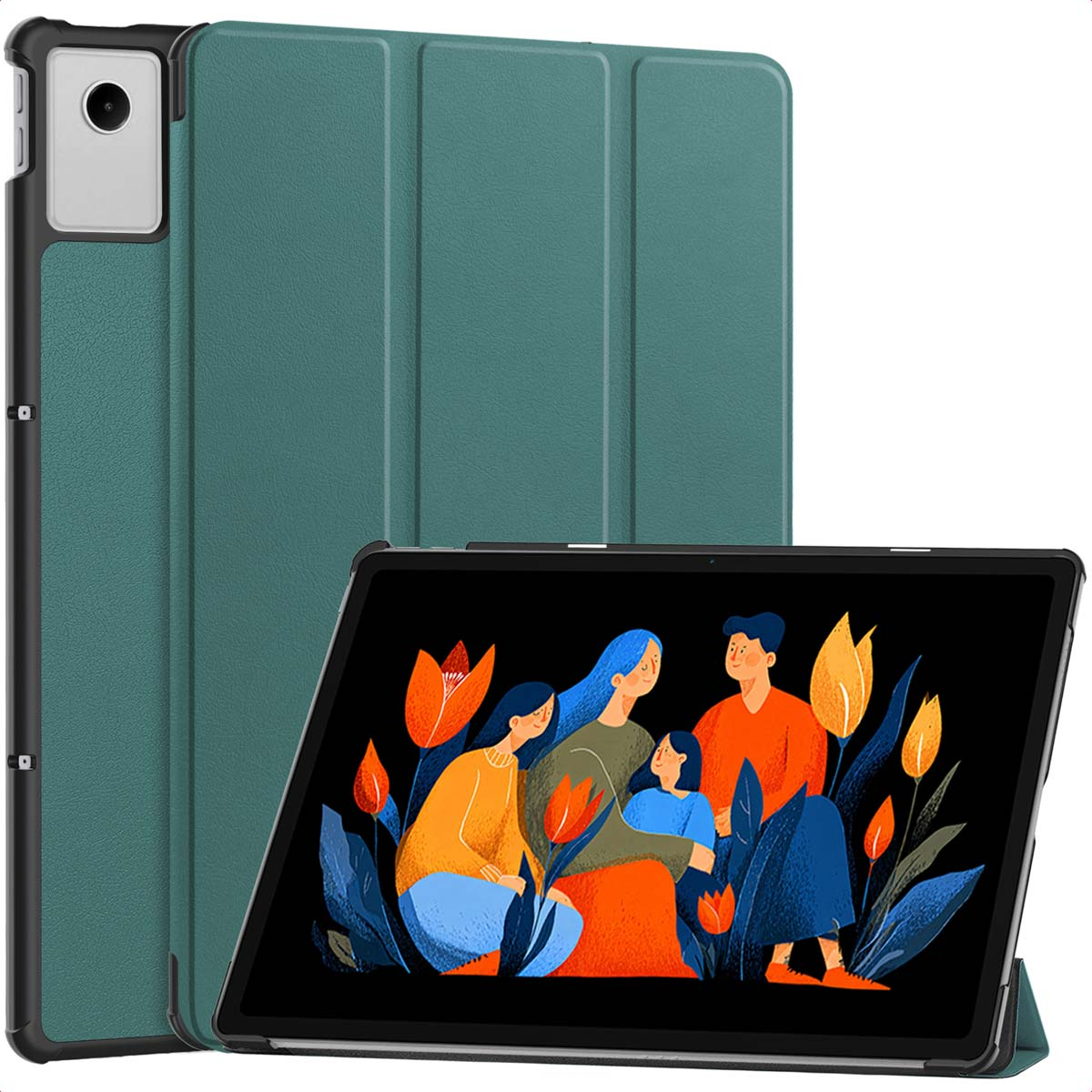 Tablet met een blauwgroene hoes. Het scherm toont een kleurrijke illustratie van een gezin omringd door bloemen. De hoes is opgevouwen.