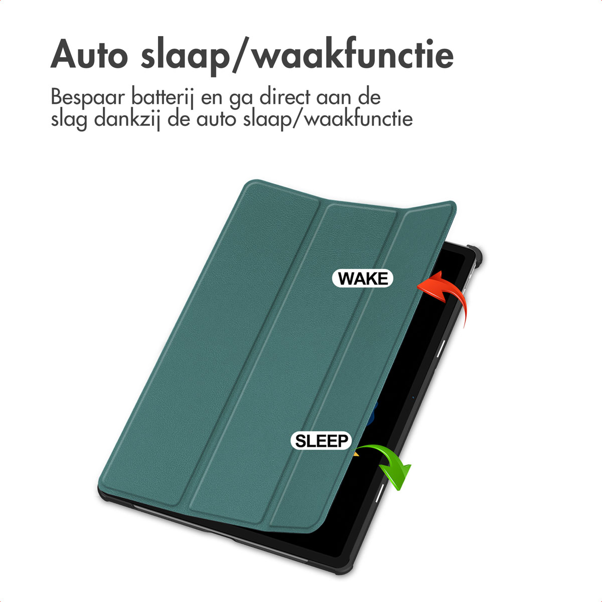 Een teal tablet cover wordt geopend. Het heeft 'WAKE' en 'SLEEP' labels met pijlen die open- en sluitfuncties aangeven.