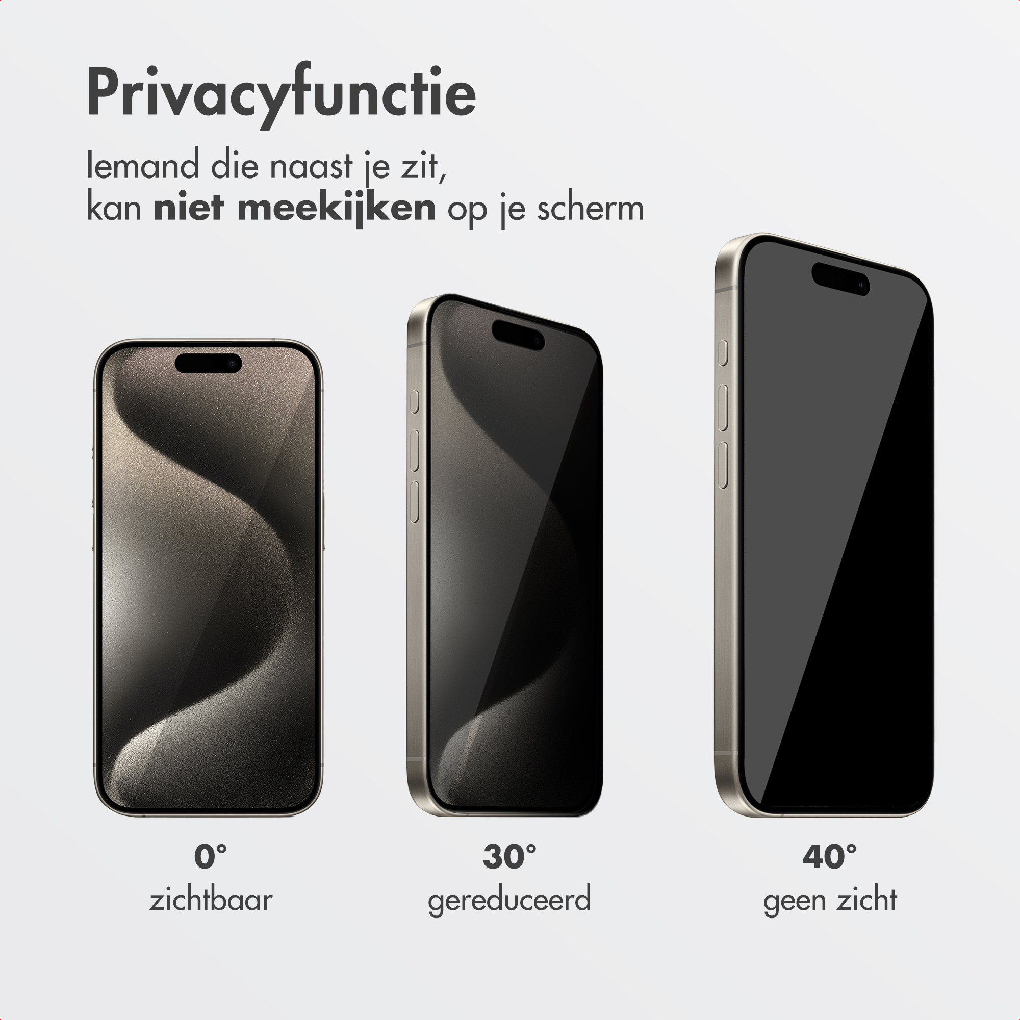 Three smartphones show a privacy screen effect. The text illustrates the viewing angle reduction: 0°, 30°, and 40°.