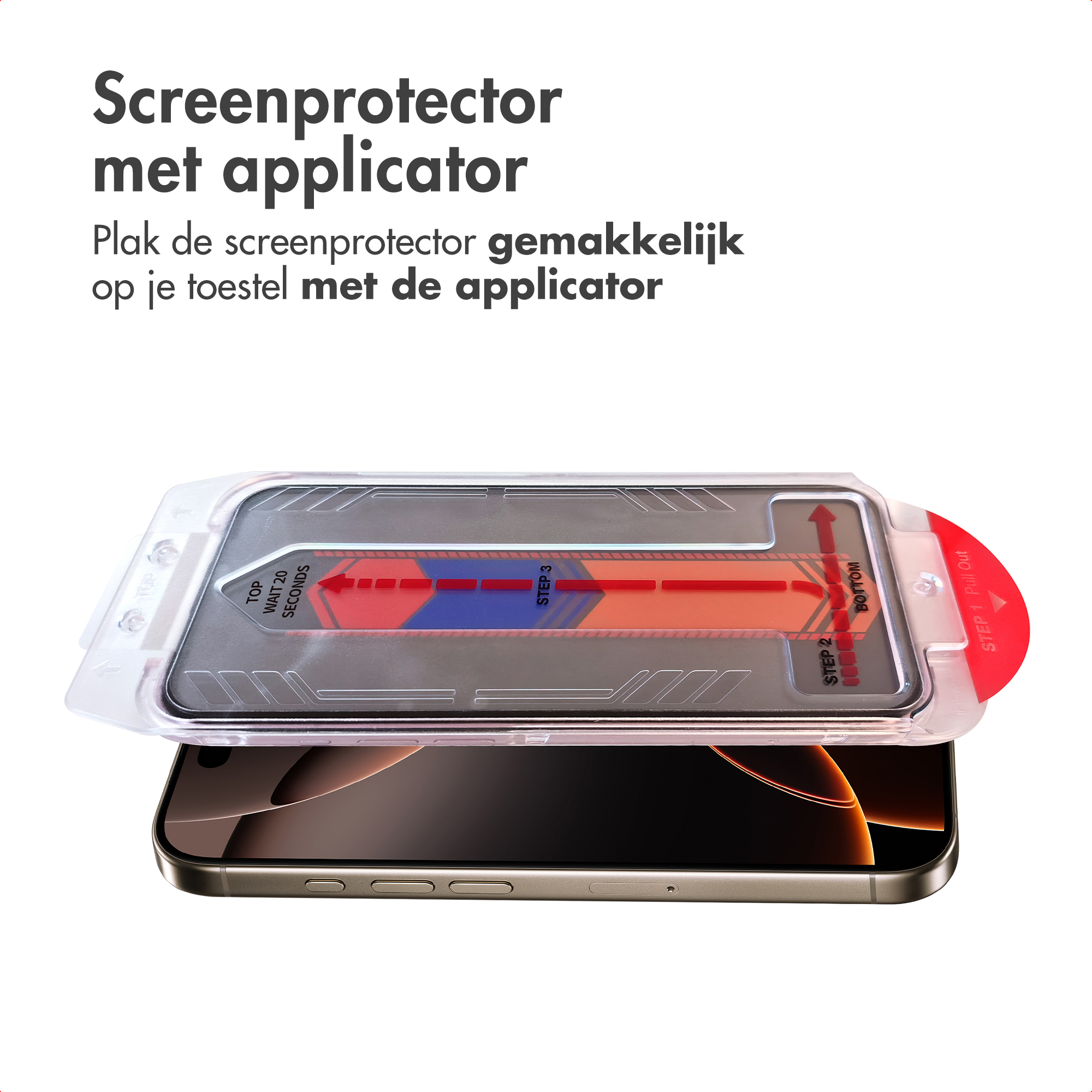 A phone with screen protector. The protector has instructions, a red arrow, and a pull-out tab.