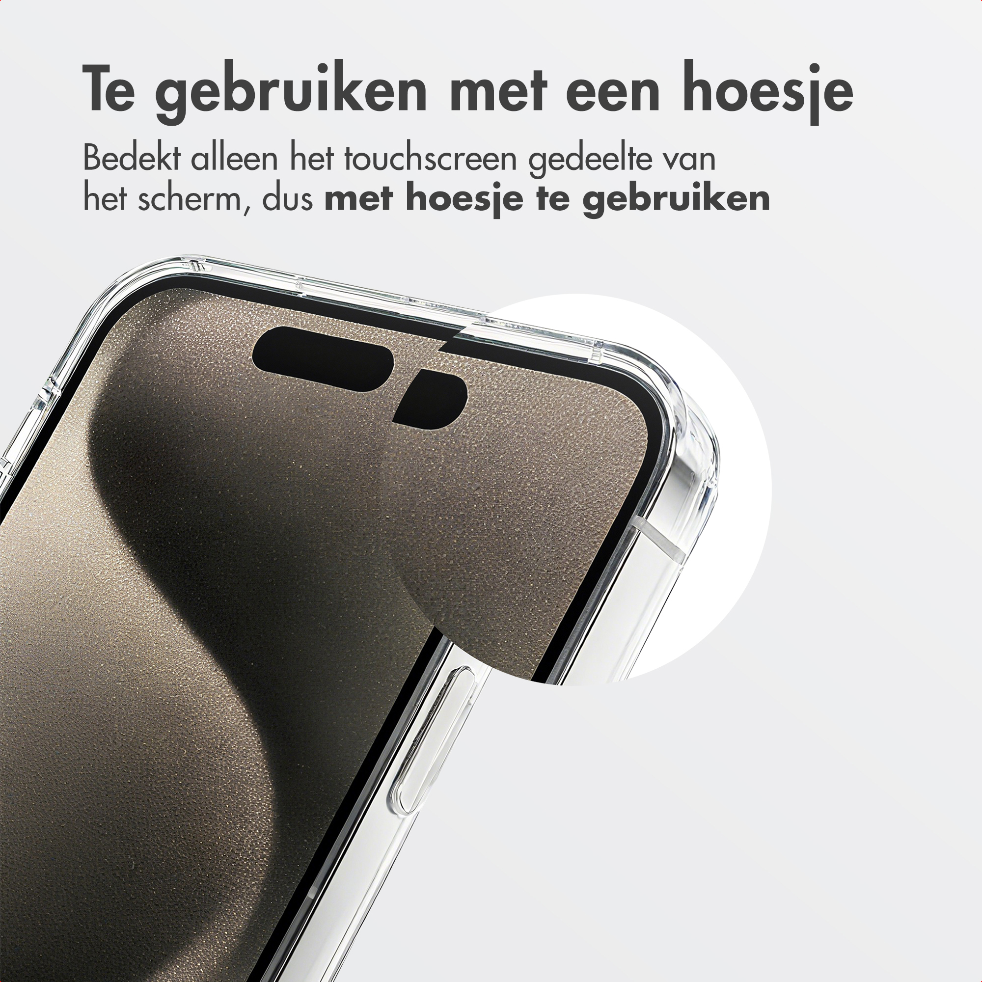 A phone screen protector with text in Dutch. It covers the touchscreen area. The protector is in a clear case.