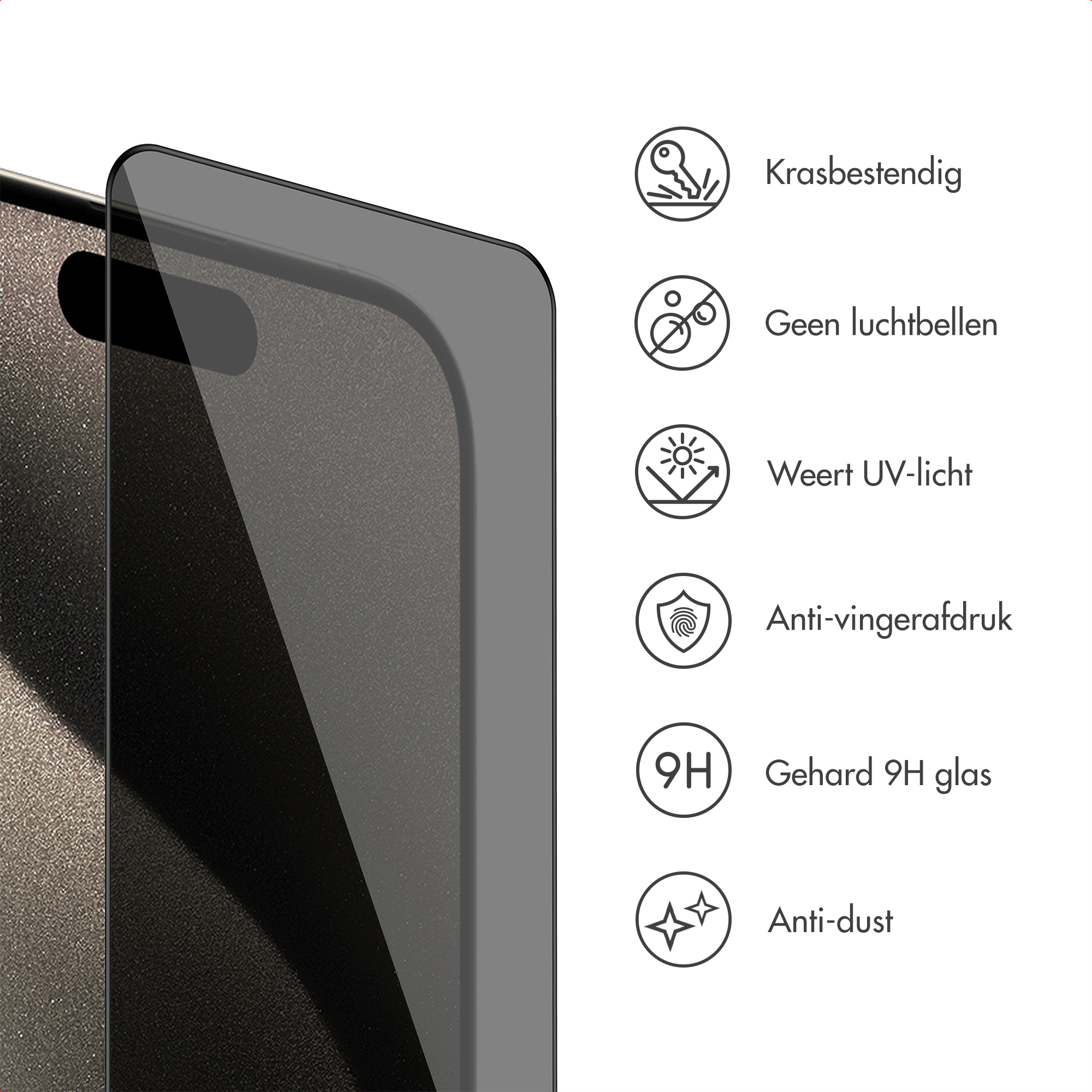 A phone screen protector is shown. It has scratch resistance, anti-bubble, UV light protection, anti-fingerprint, 9H glass, and anti-dust.