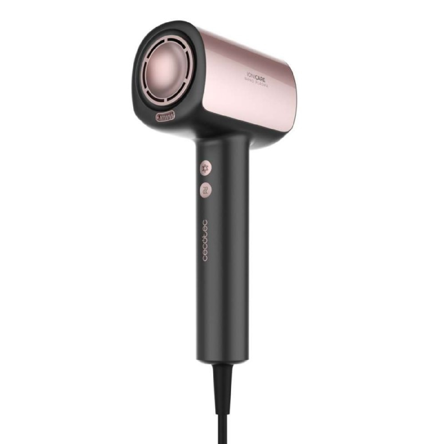 Een moderne zwarte en roségouden haardroger. Het heeft een ronde sproeier, bedieningsknoppen en het merk 'cecotec'.