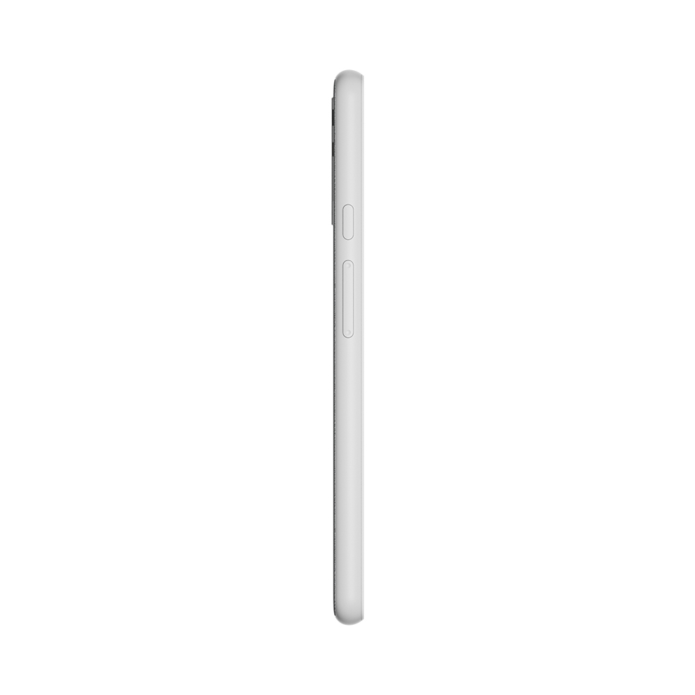 Ein weißes Smartphone von der Seite gesehen. Knöpfe sind an der Seite sichtbar. Der Hintergrund ist schlicht weiß.