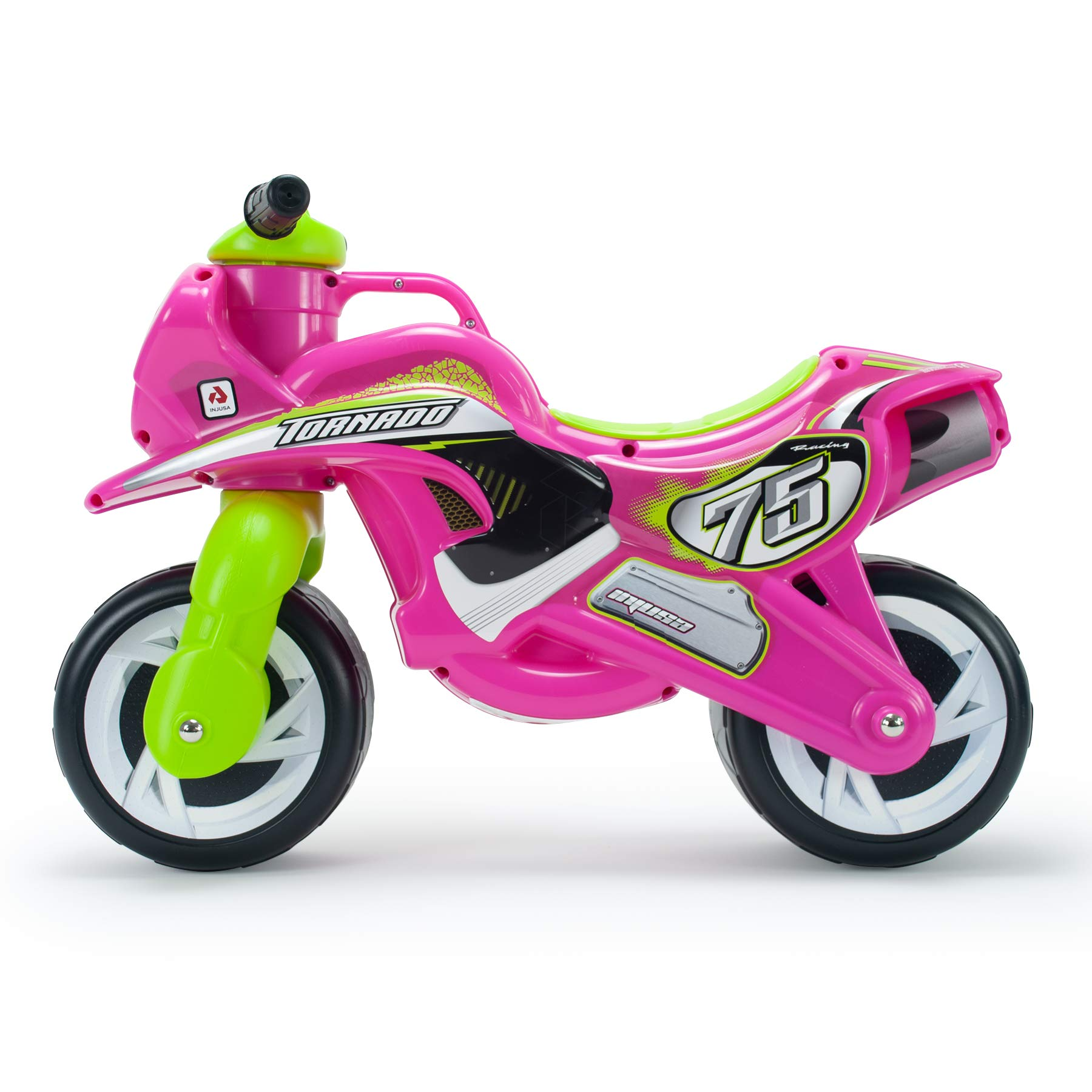 Motocicleta de juguete rosa y verde. Cuenta con ruedas blancas, neumáticos negros y la palabra 'Tornado'.