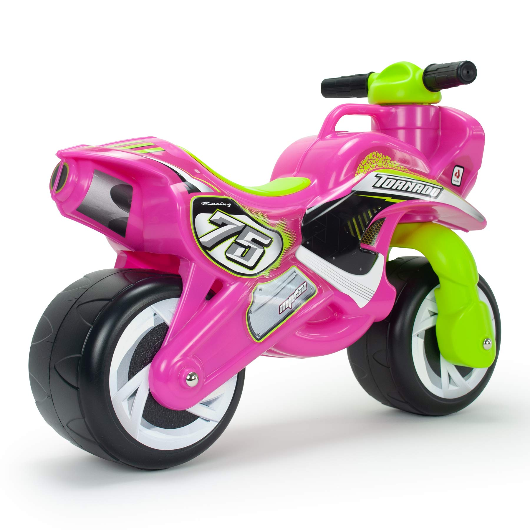 Una moto de juguete rosa con detalles verdes y el número 75. Tiene neumáticos negros y fondo blanco.
