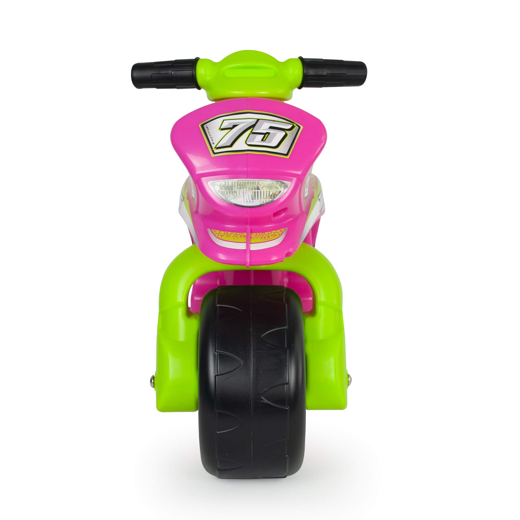 Una moto de juguete rosa y verde. Tiene una rueda negra grande y el número 75 en el frente.