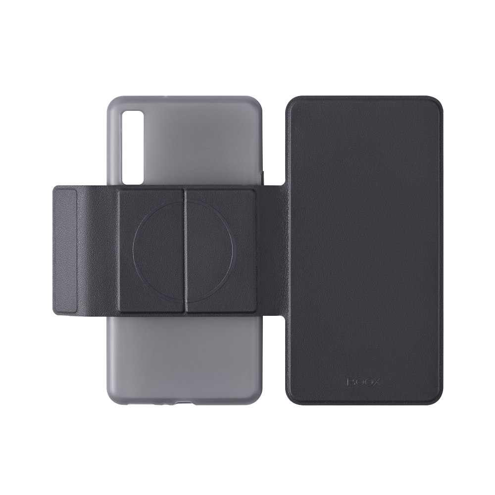 Eine dunkelgraue Handyhülle ist geöffnet und zeigt ein Smartphone. Die Hülle ist im Folio-Stil gehalten, mit Magnetverschluss und Halterung.