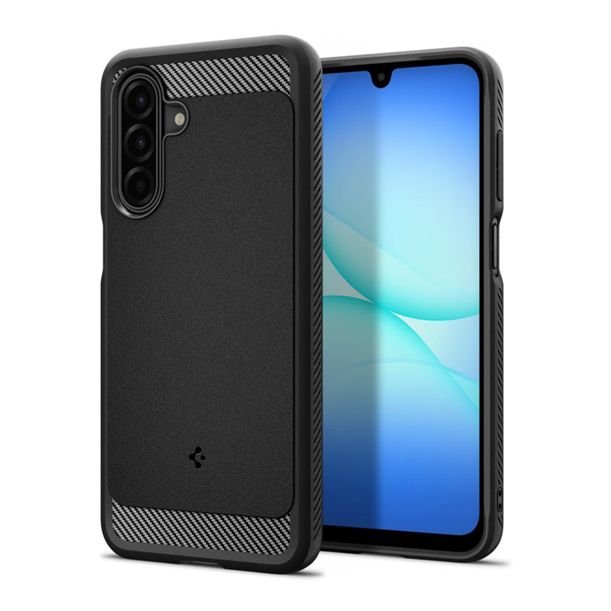 Un étui de téléphone noir avec un téléphone à l'intérieur. L'étui a une surface texturée et des accents en fibre de carbone. Le téléphone a un écran bleu.