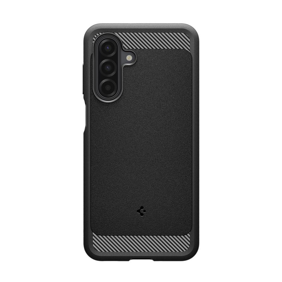 Une coque de téléphone noire avec une surface texturée, trois lentilles de caméra et un motif tissé en haut et en bas.