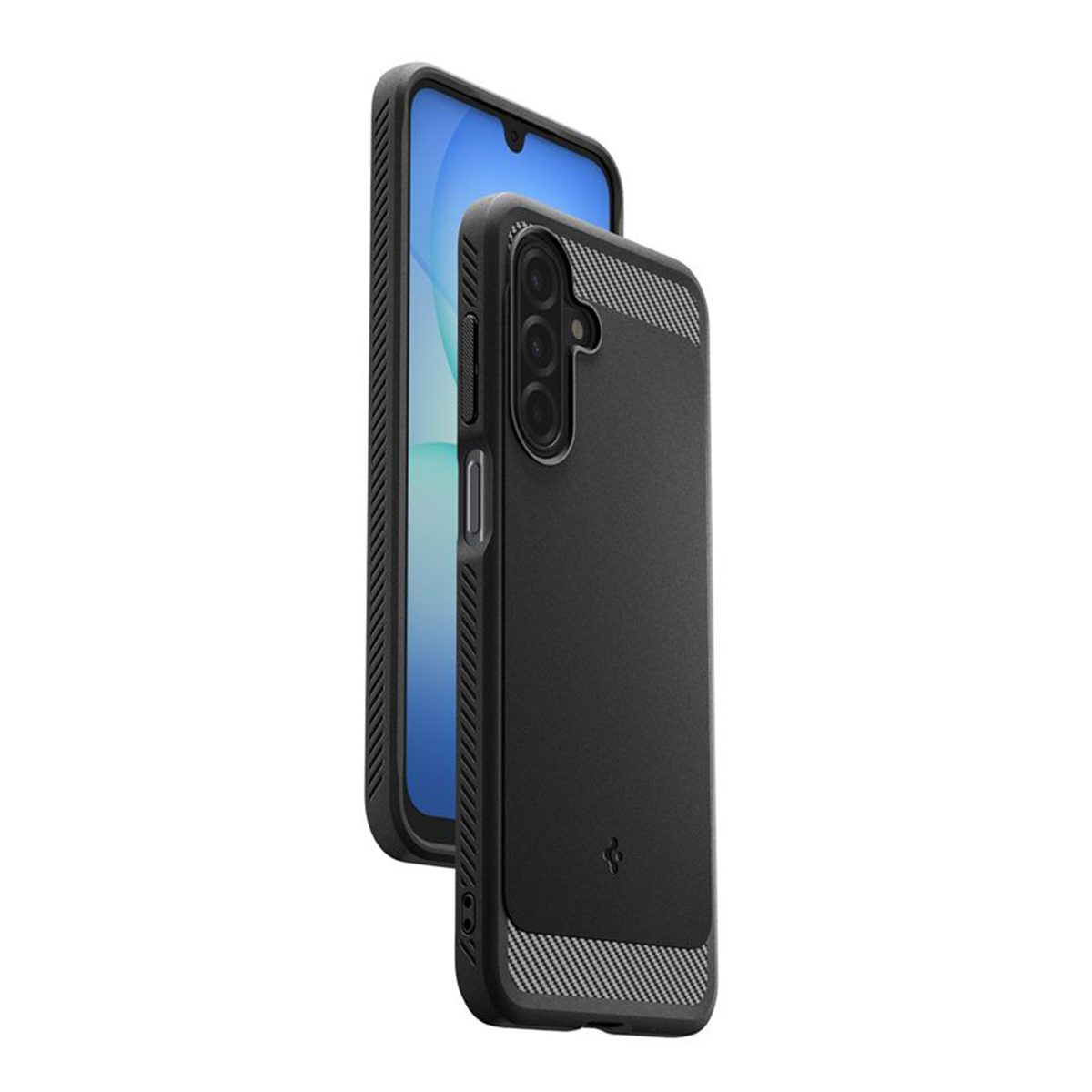 Un smartphone noir avec un étui noir est affiché. Le téléphone est légèrement incliné, révélant l'écran. L'étui a un design texturé.