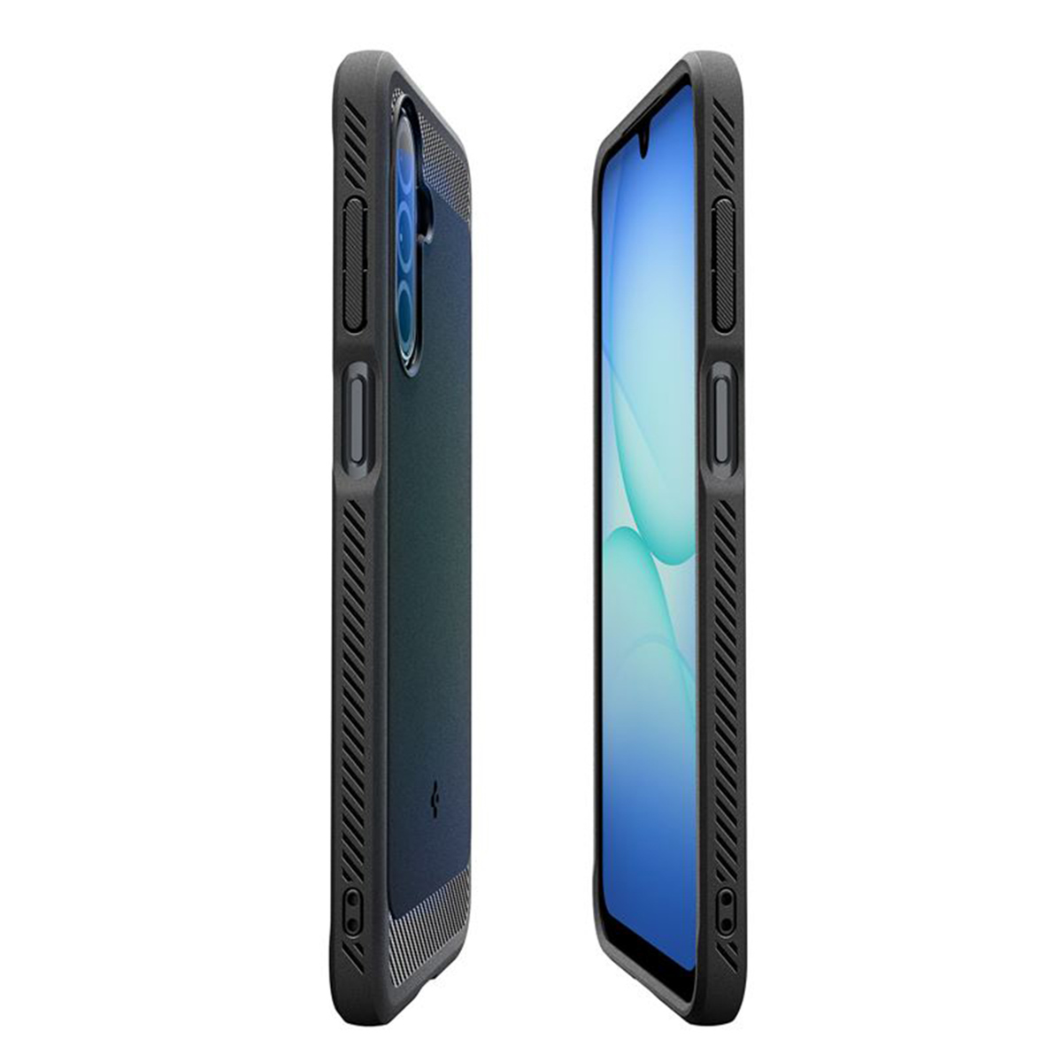 Deux coques de téléphone noires, l'une montrant le côté avec les boutons et l'autre avec un écran affichant un design bleu et blanc.