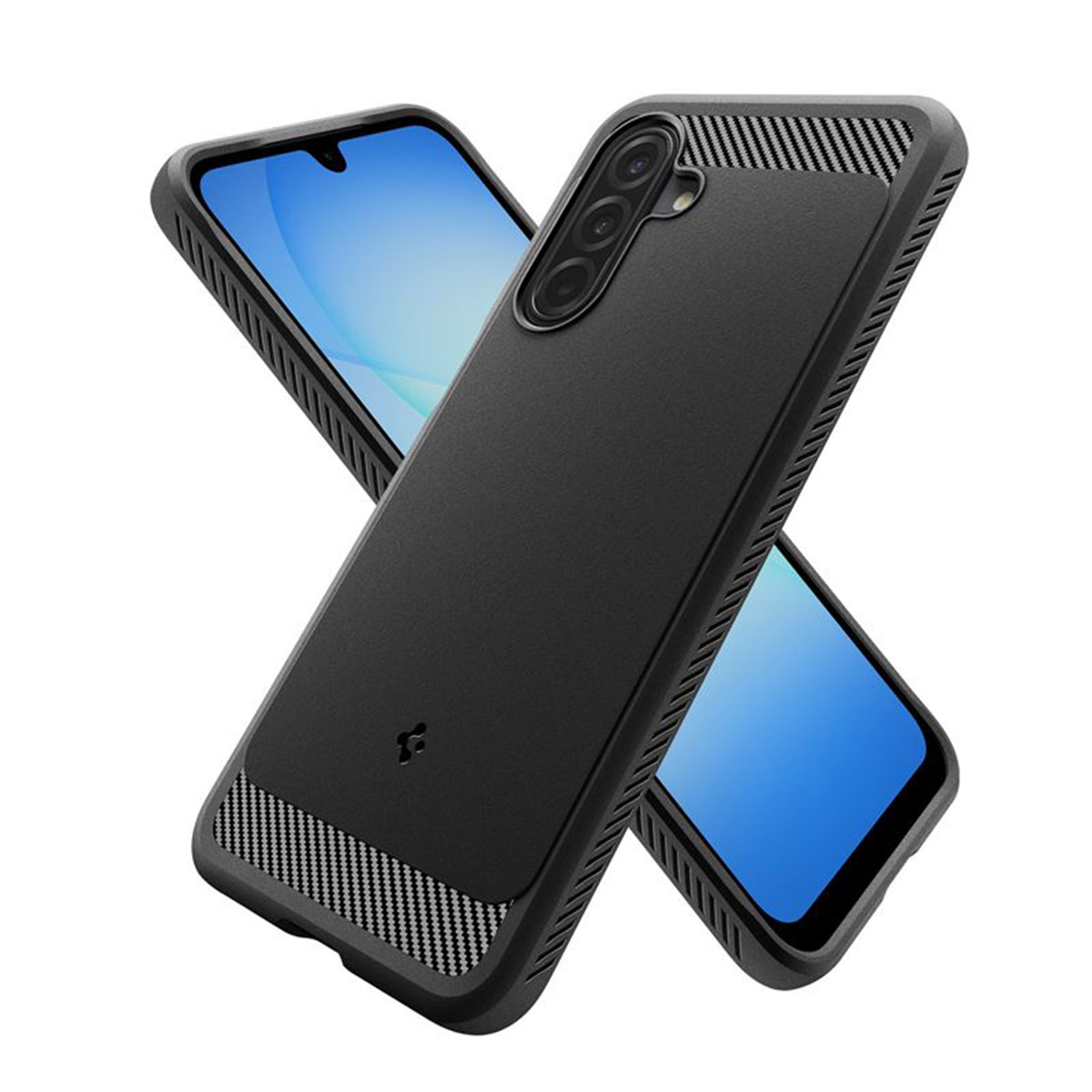 Deux coques de téléphone noires, l'une sur l'autre, formant un X. Les deux ont des accents en fibre de carbone et protègent les écrans.