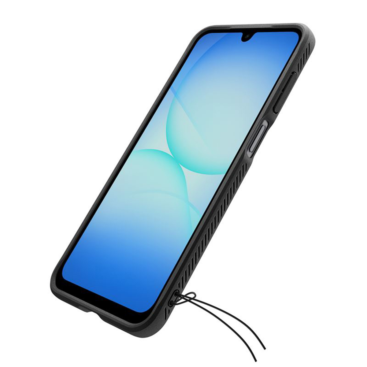Un smartphone dans un étui noir, légèrement incliné. L'écran affiche un dégradé bleu avec des orbites blanches et une ficelle noire attachée.