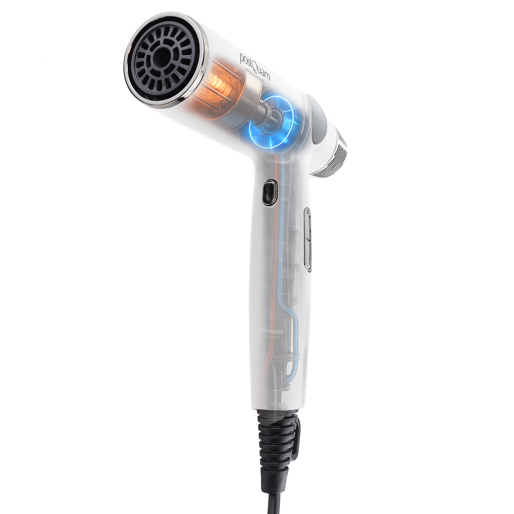 Przezroczysta suszarka do włosów, pokazująca elementy wewnętrzne. Suszarka jest biała z czarną dyszą i czarnym kablem zasilającym.