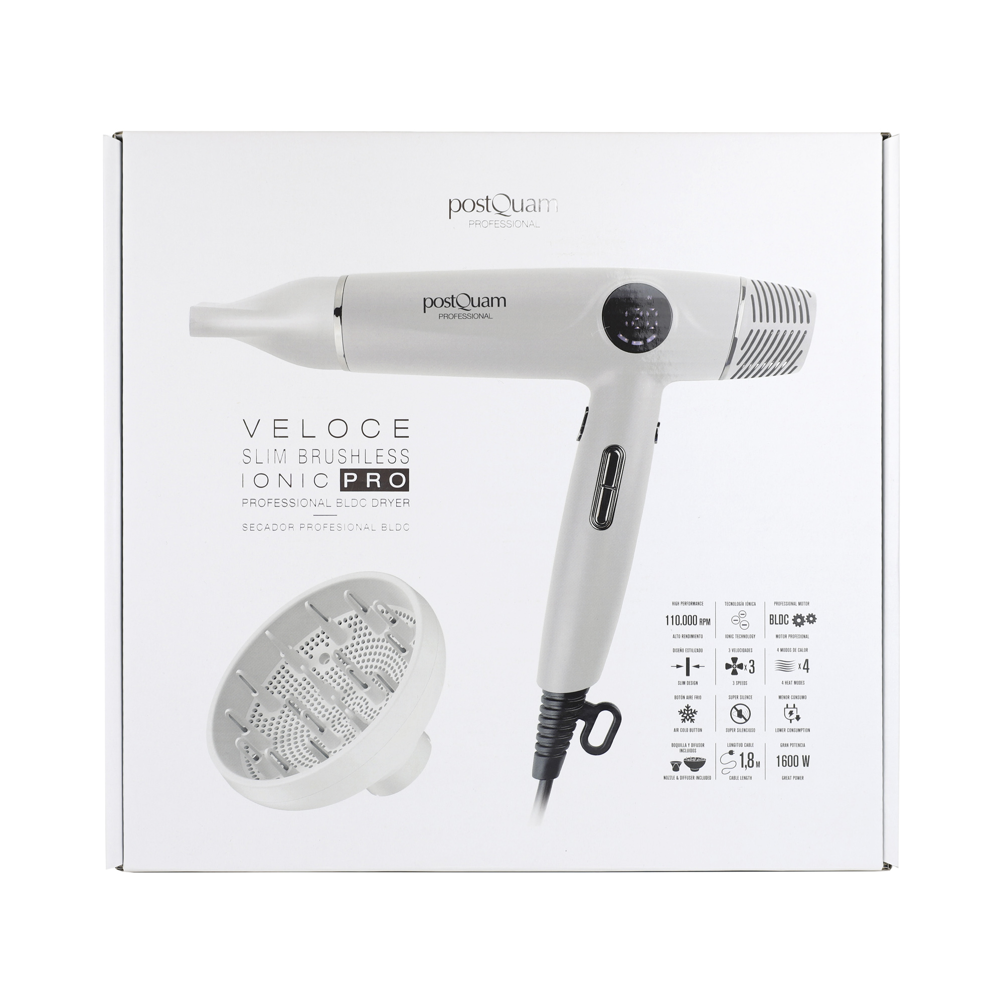 Biała suszarka do włosów i dyfuzor na białym pudełku. Tekst opisuje funkcje suszarki i markę.