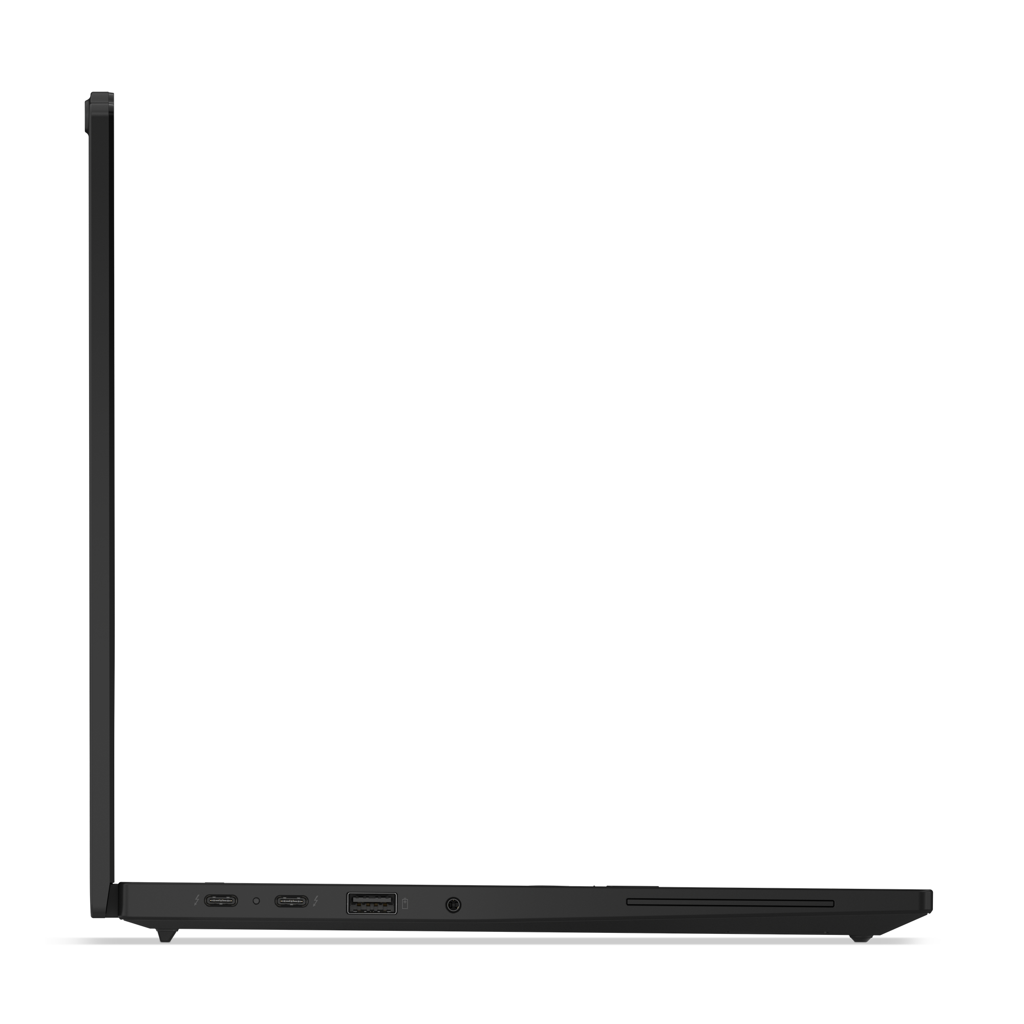 Vista laterale di un laptop nero. Mostra il profilo laterale con porte, tra cui USB-C, e una porta di alimentazione. Lo schermo è chiuso.