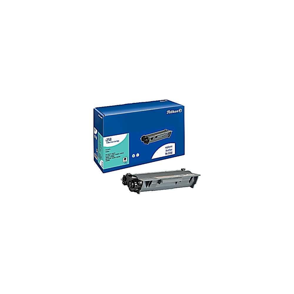 Una scatola di toner Pelikan blu e una cartuccia di toner su sfondo bianco. La scatola presenta un'immagine di una cartuccia di toner nera.