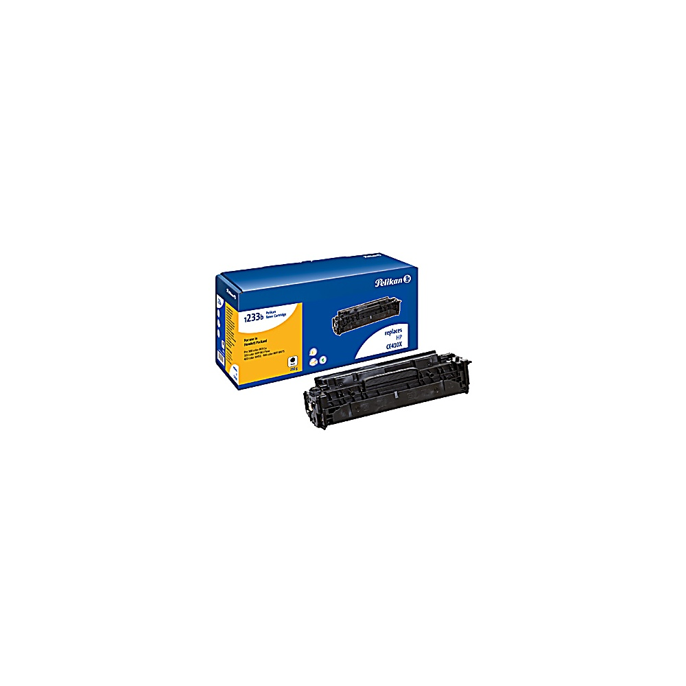 Una scatola di toner blu Pelican e una cartuccia di toner nera su sfondo bianco.