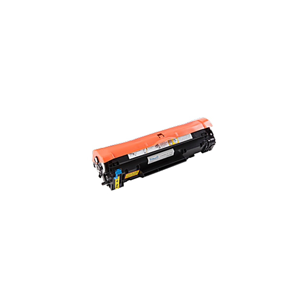 Una cartuccia di toner arancione e nera è angolata su uno sfondo bianco.