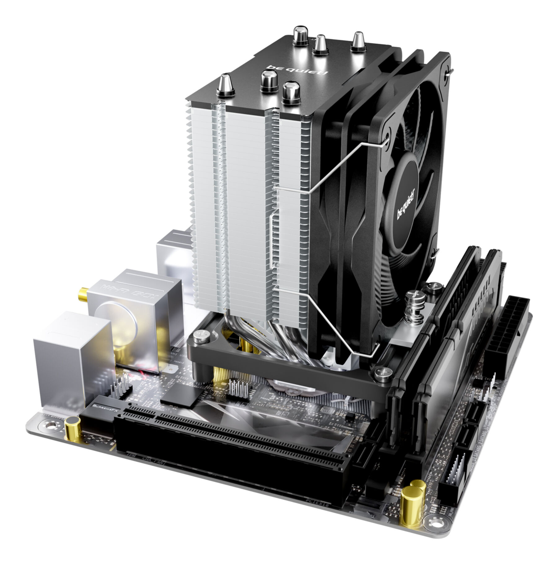 A computer CPU cooler with a fan and heatsink is mounted on a motherboard, featuring black and silver components.