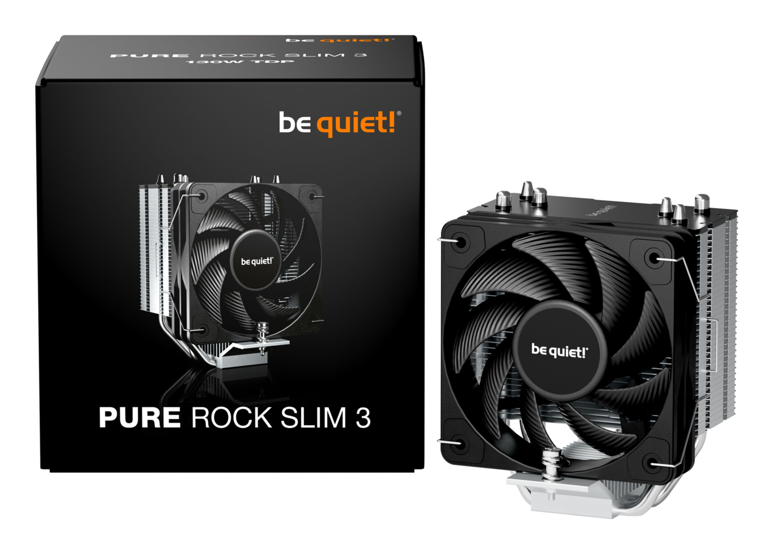 A computer cooler with a black fan and heatsink is shown with its packaging. The logo 'be quiet!' is visible.