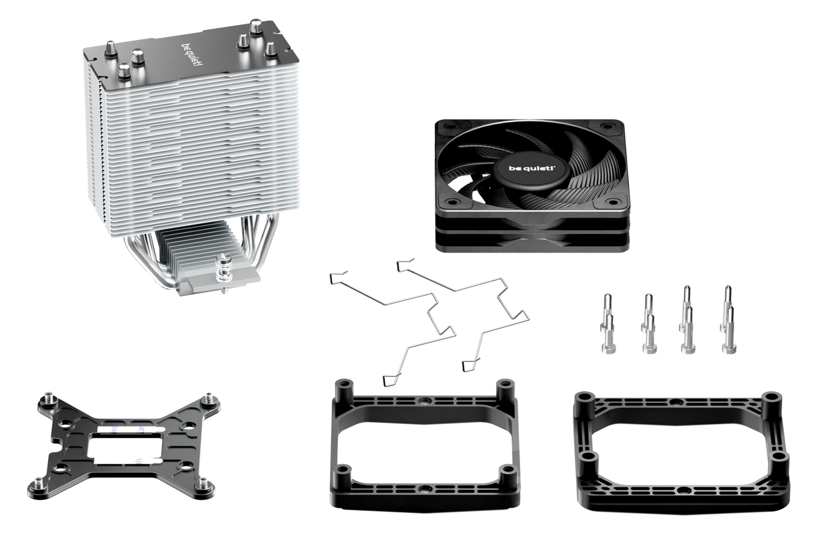 PC components: a CPU cooler, fan, mounting brackets, and other parts, all on a white background.