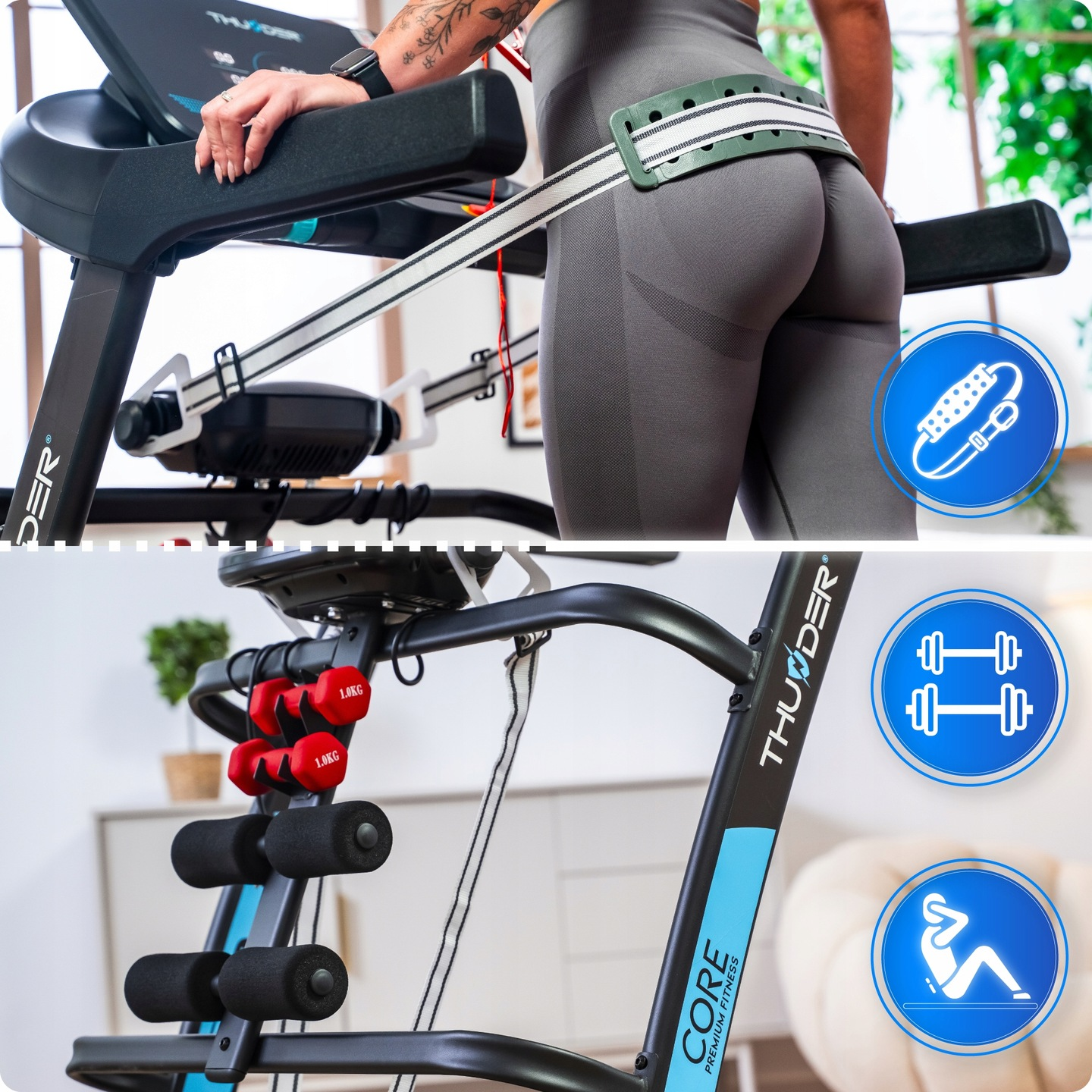 Kobieta używa urządzenia fitness. Maszyna jest czarna i ma biały pasek. Widoczne są czerwone ciężarki. Kobieta nosi szare legginsy.