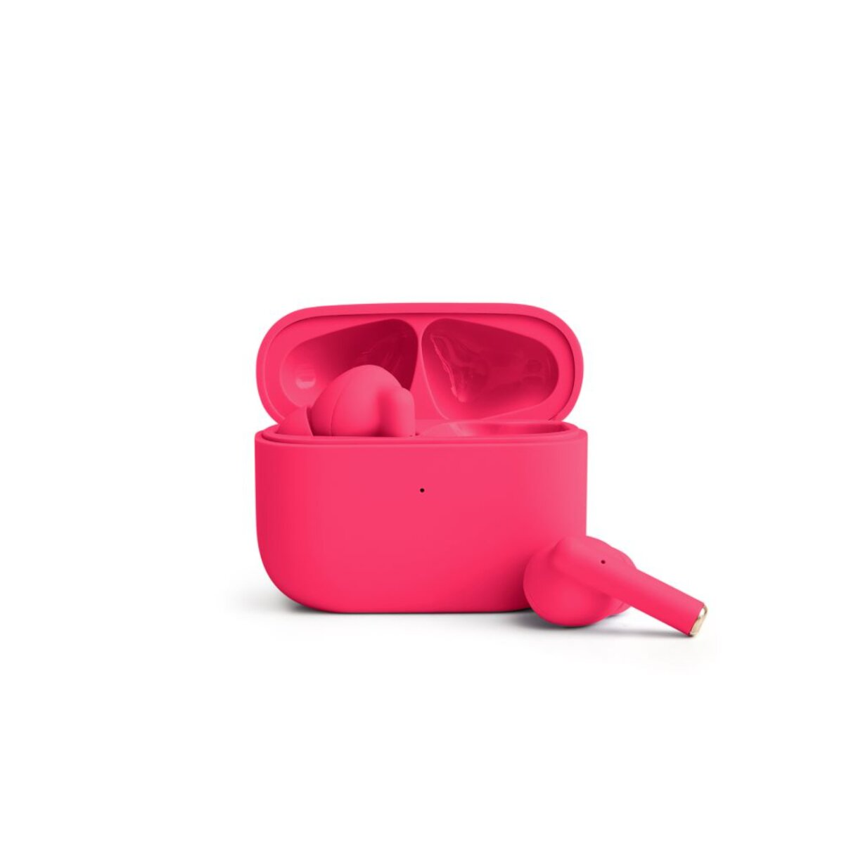 Roze draadloze oordopjes en oplaadcase op wit. Eén oordopje ligt buiten de open case. De kleur is felroze.