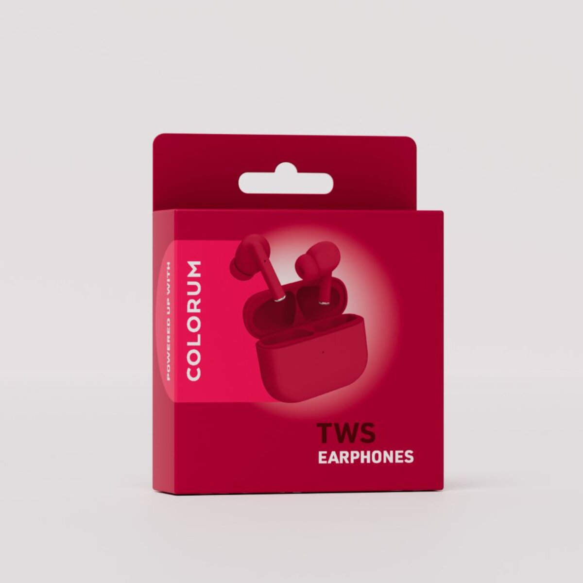Een rode doos met Colorum TWS-oortelefoons. De doos toont de oortelefoons en de oplaadcase. Tekst op de doos luidt 'TWS EARPHONES'.