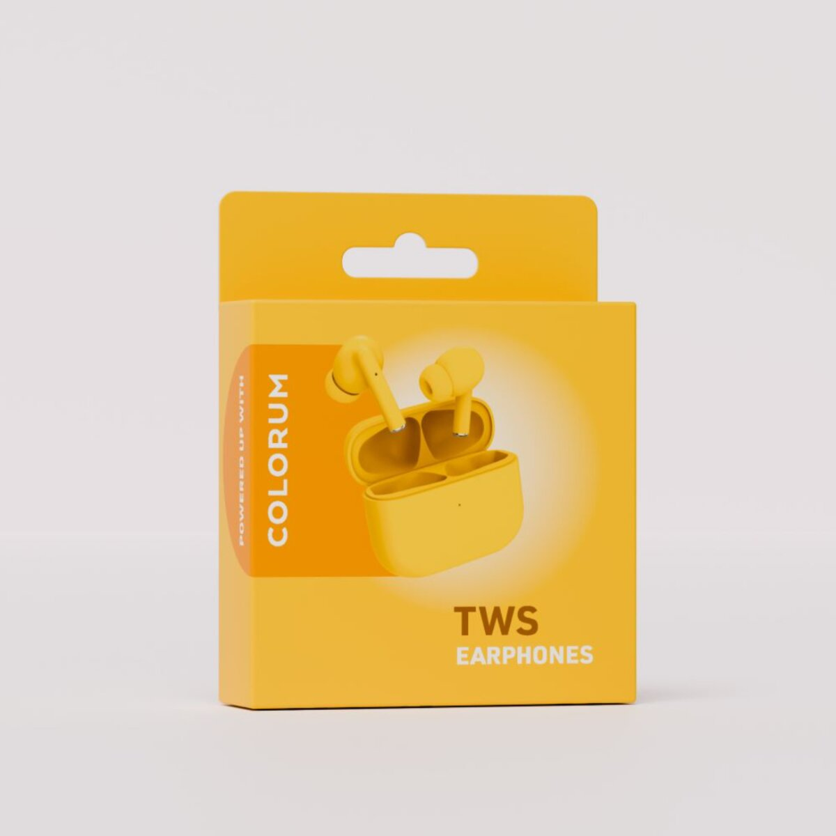 Yellow TWS earbuds in a yellow box. The box says COLORUM and TWS EARPHONES.