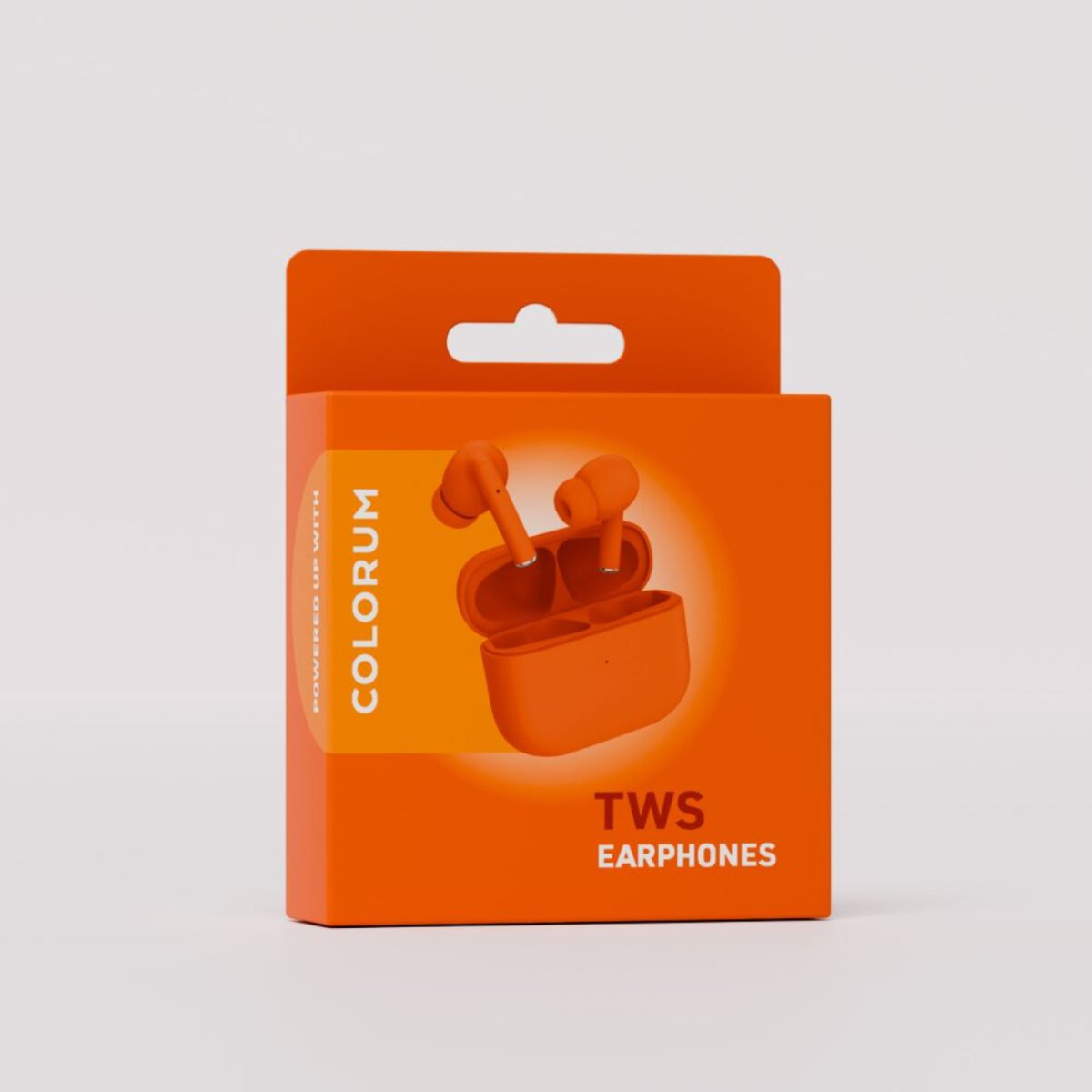 Orange Ohrhörer und Ladecase in einer orangefarbenen Box. Auf der Box steht 'COLORUM' und 'TWS EARPHONES'.