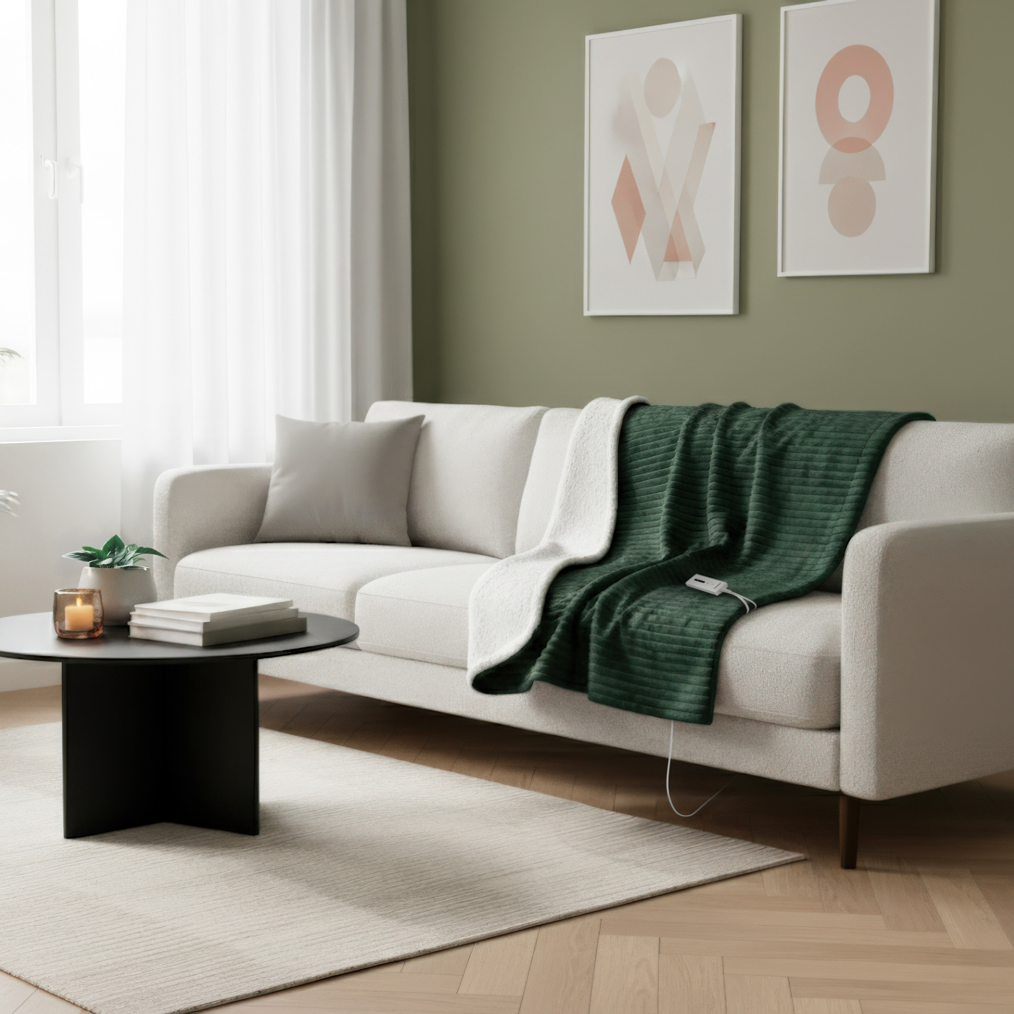 A white sofa with a green blanket is in front of a green wall, with framed art and a rug.