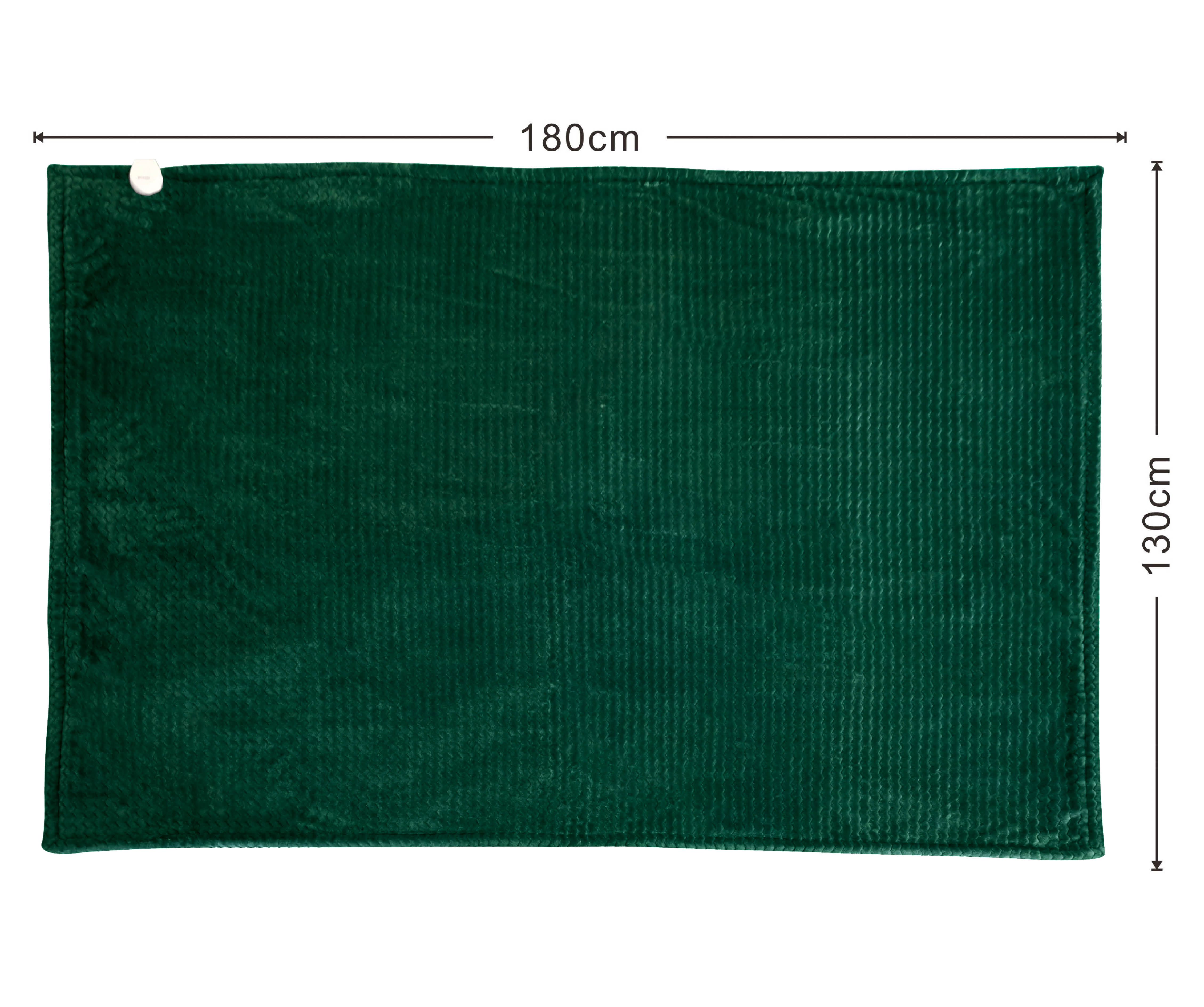 A dark green blanket with dimensions labeled as 180cm x 130cm.