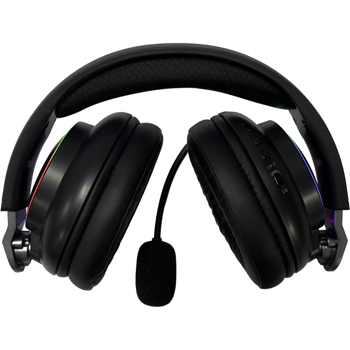 Black headset with microphone. The ear cups have lights. The background is white.