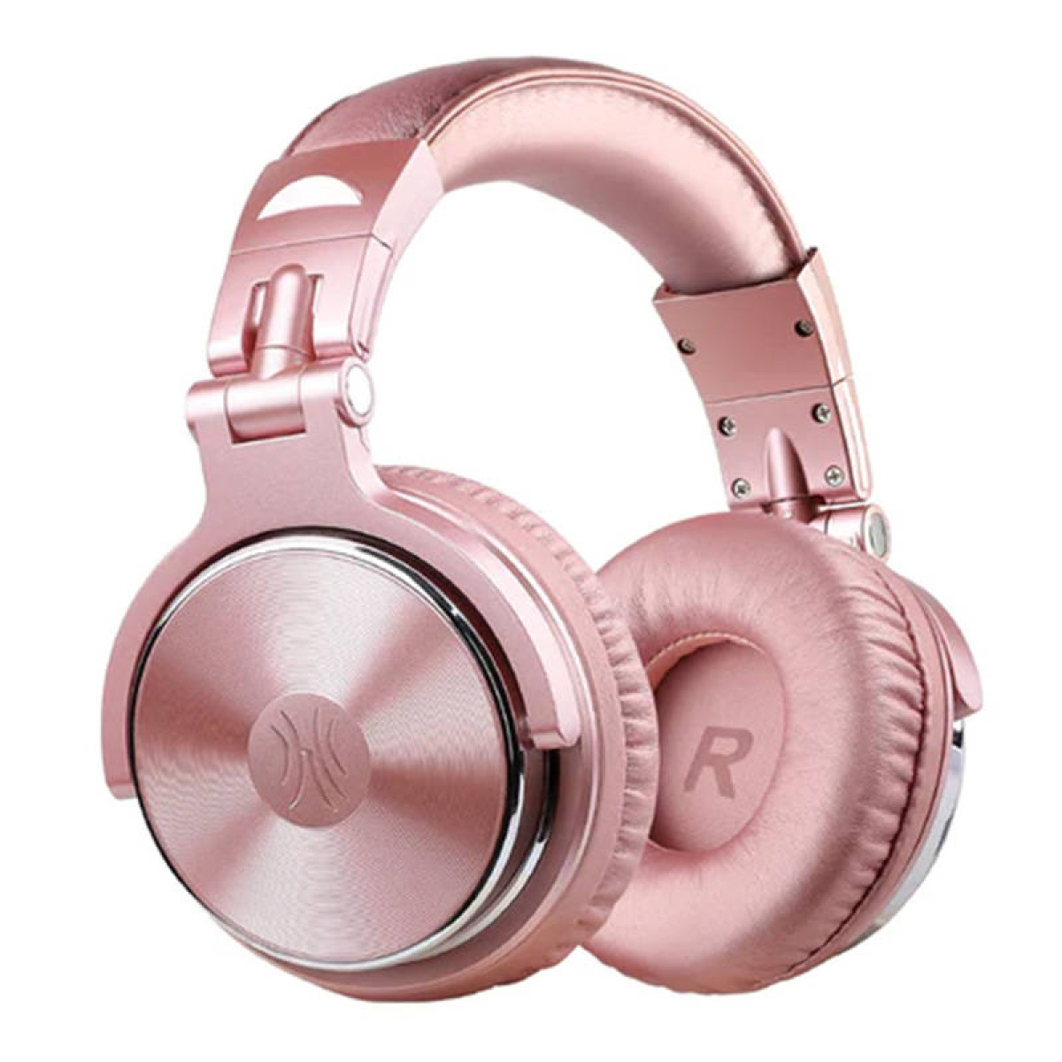 Cuffie color oro rosa su sfondo bianco. Hanno archetto e padiglioni imbottiti. Il padiglione destro ha una 'R'.