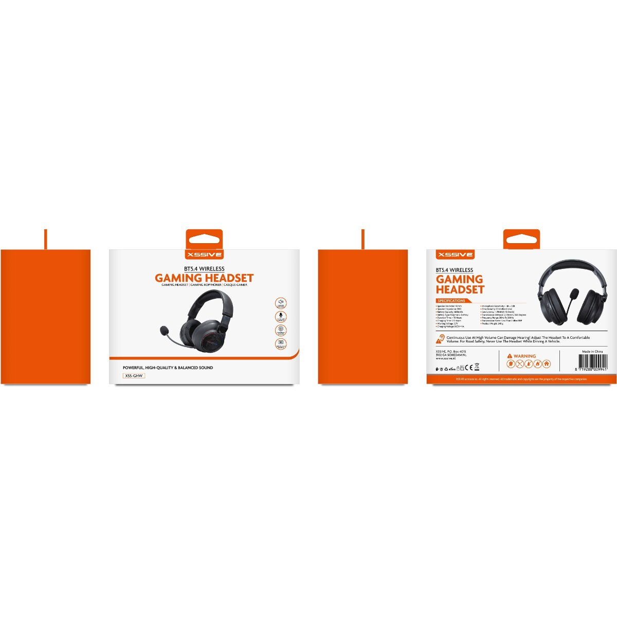 A box with a gaming headset. The box is white with the product name and a picture of the headset. Orange background.