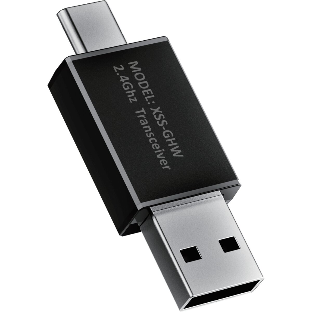 A black and silver 2.4GHz transceiver. It has a USB and USB-C connectors. The model is XSS-GHW.