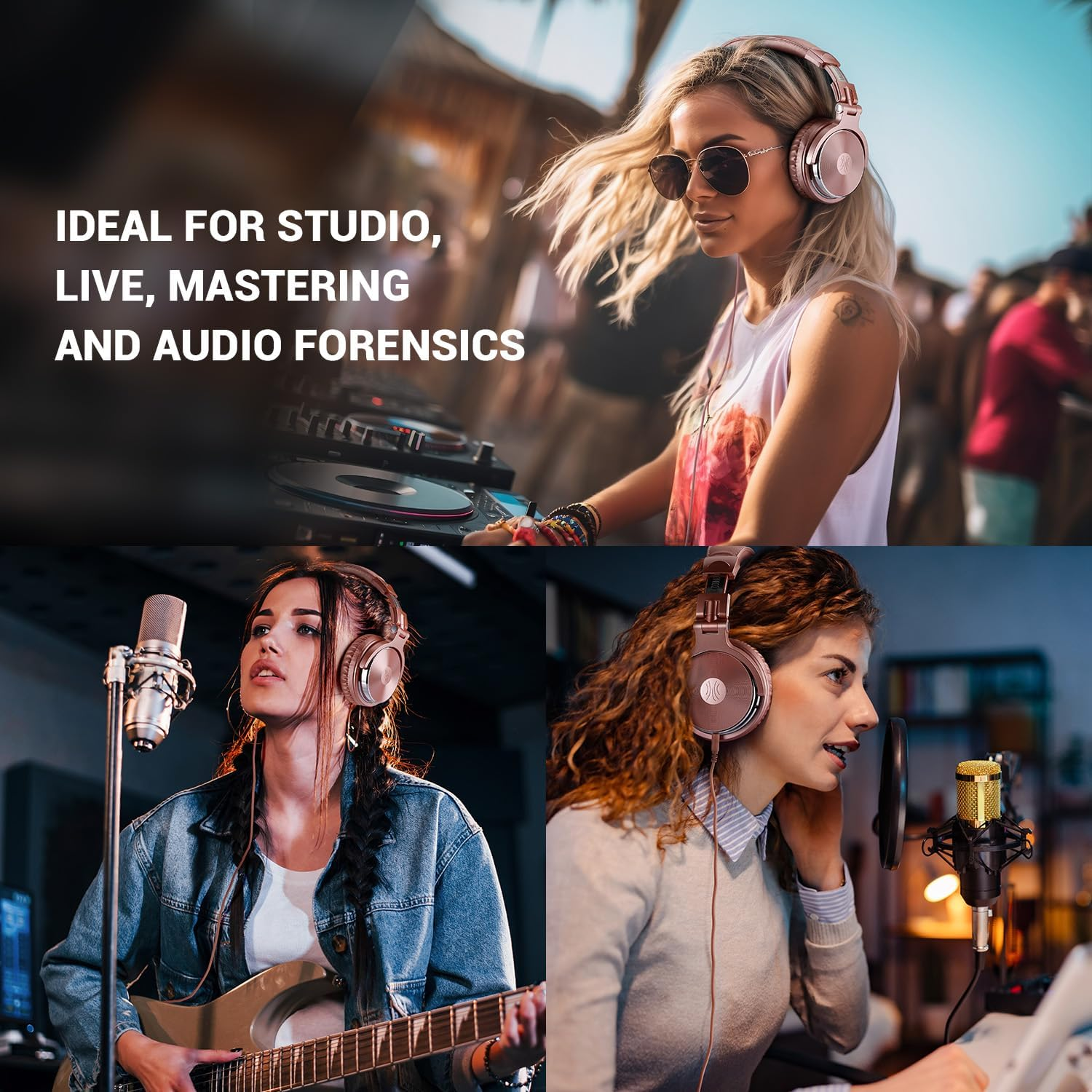 L'immagine mostra persone con le cuffie che usano attrezzature da studio. Le scene includono un DJ, un chitarrista e un cantante con un microfono.