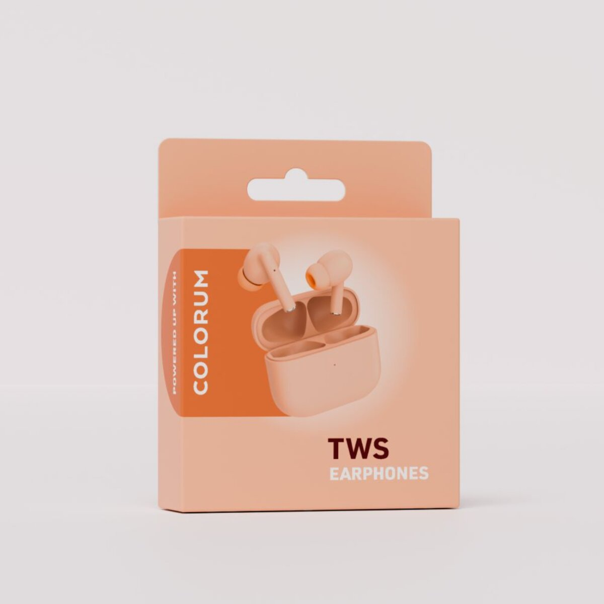 Une boîte d'écouteurs TWS de la marque Colorum. La boîte est de couleur pêche, avec les écouteurs et l'étui visibles.