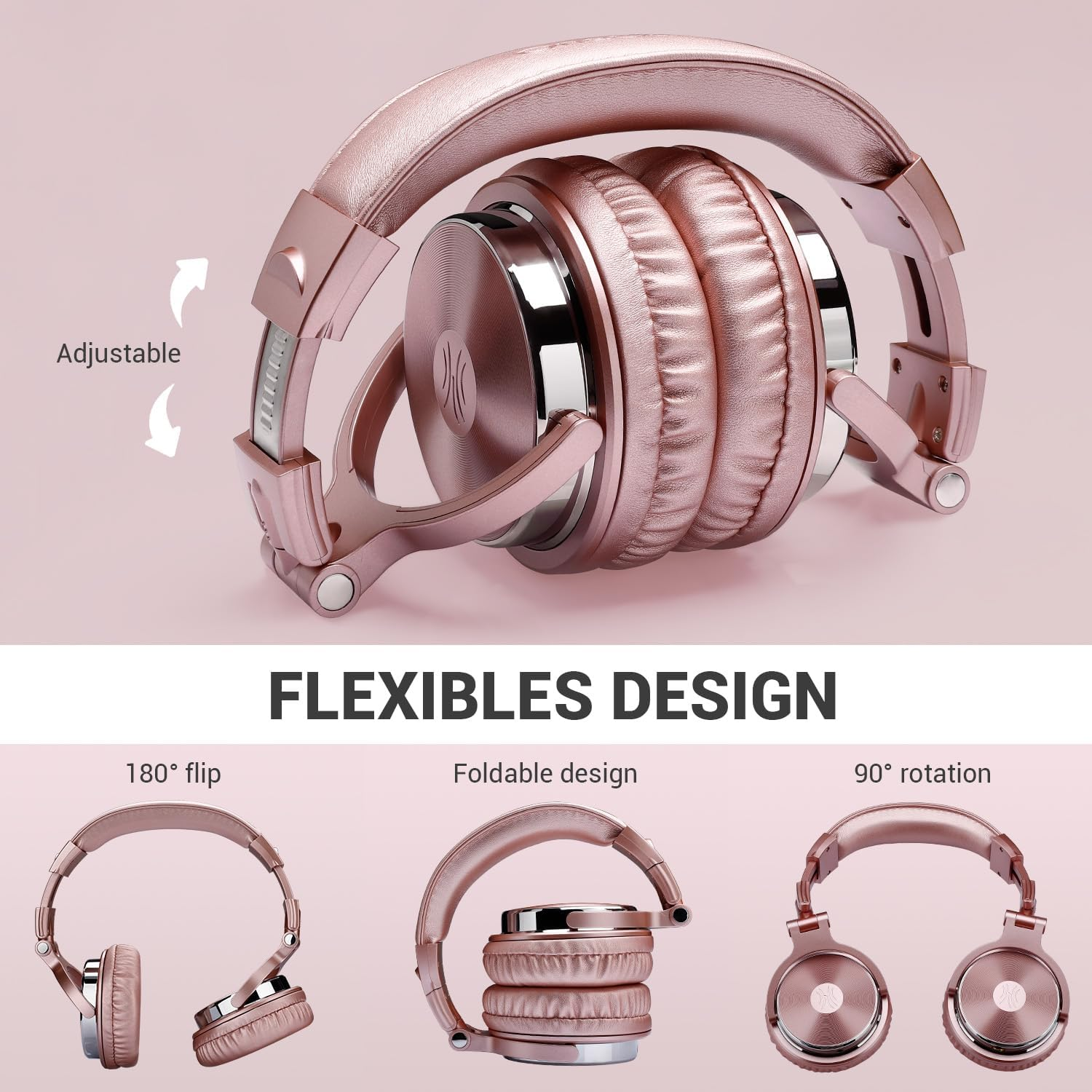 Cuffie oro rosa. Design regolabile, pieghevole con rotazione a 180° e 90°. Sfondo rosa con testo: Design flessibile.