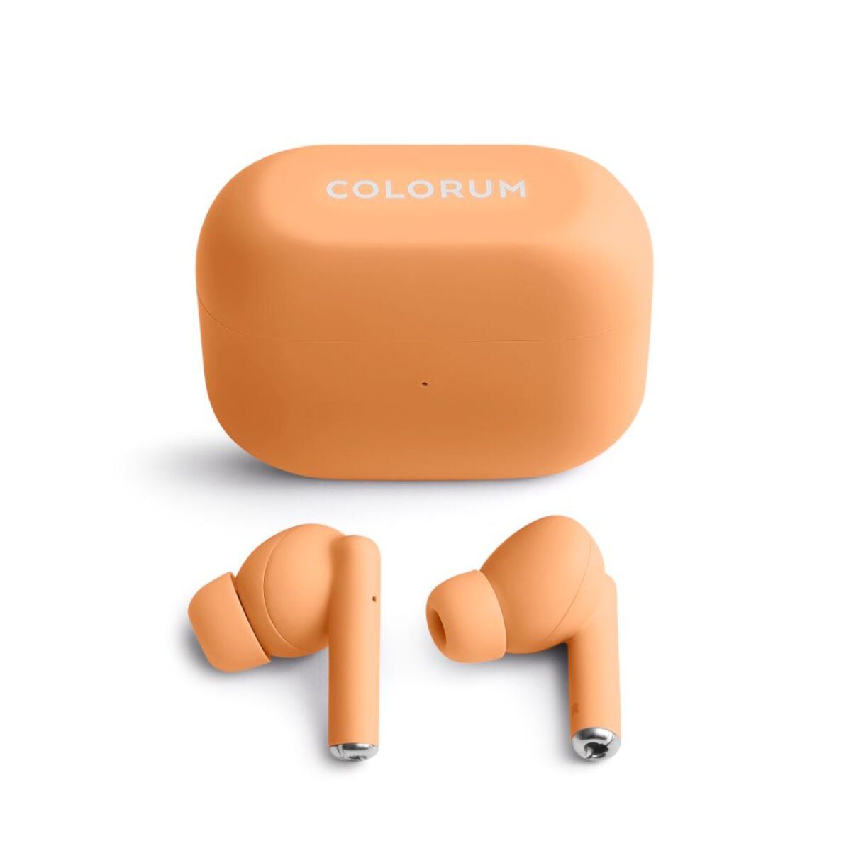 Écouteurs et étui de chargement orange sur fond blanc. L'étui porte le mot "COLORUM".