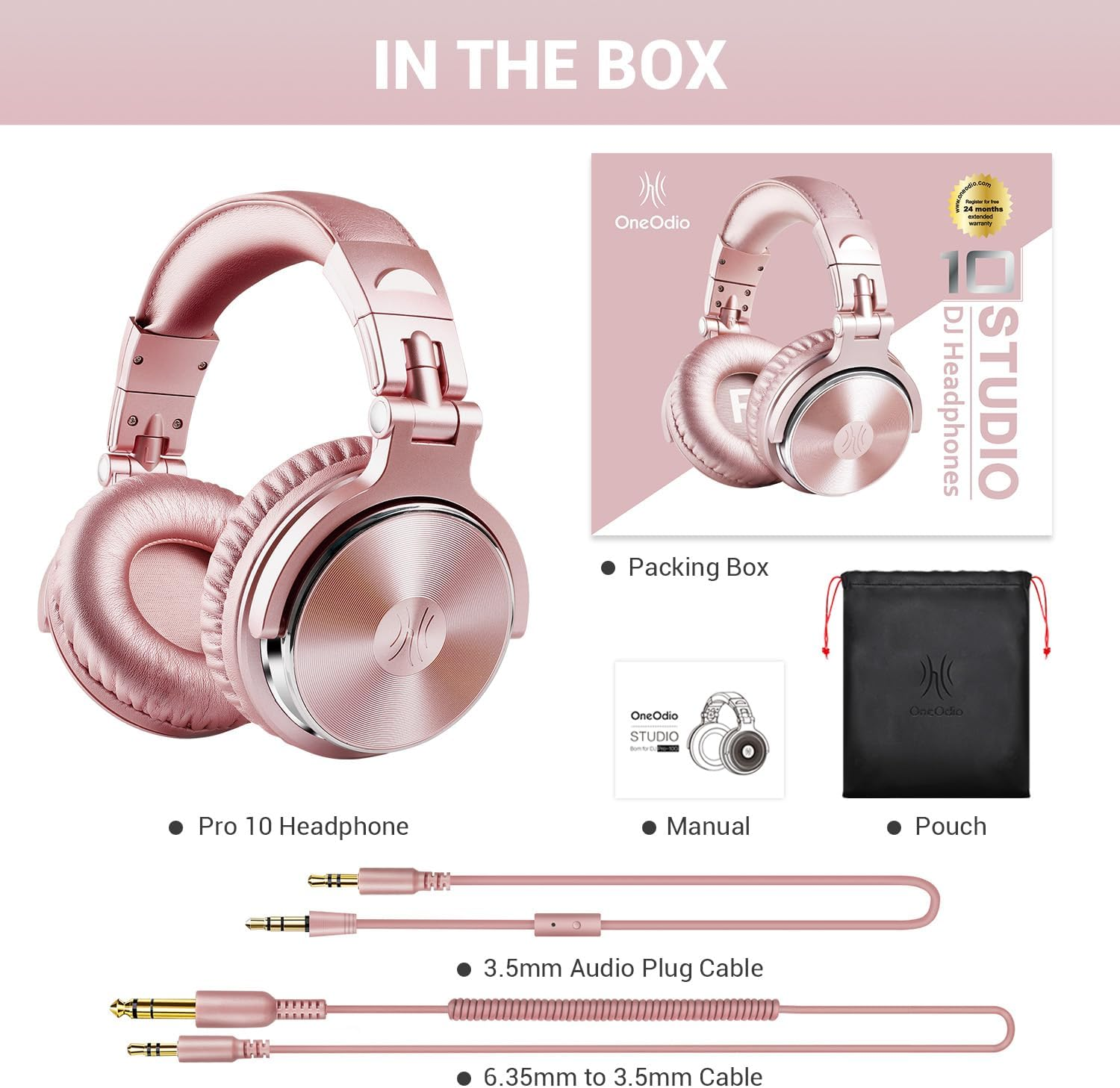 Cuffie oro rosa, scatola, manuale, custodia e cavi. Il testo recita: IN THE BOX, OneOdio, STUDIO DJ Headphones.