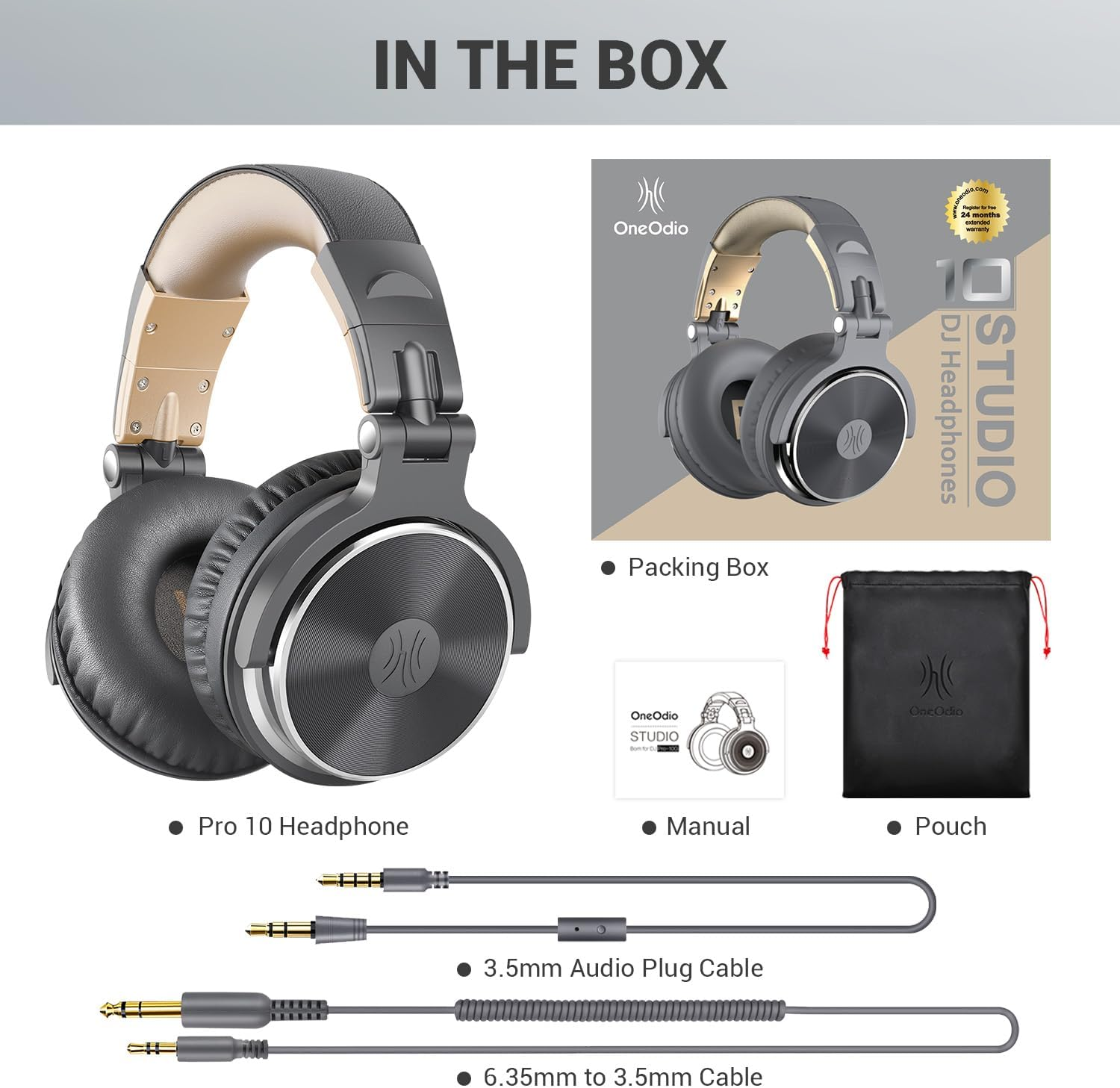 Sono mostrate cuffie, scatola, manuale, custodia e cavi. Le cuffie sono grigie e beige. La scatola dice "IN THE BOX".