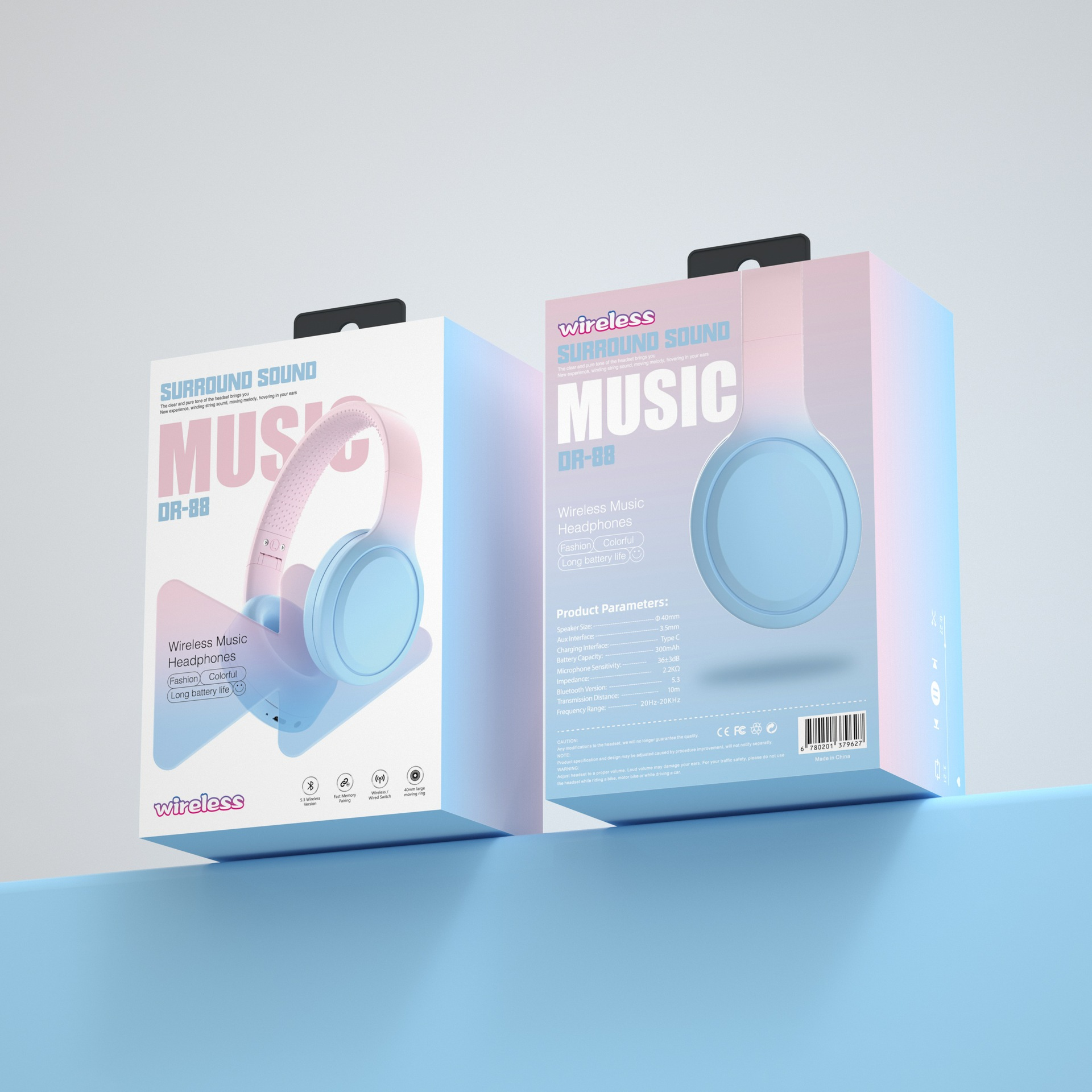 Zwei Kartons mit Kopfhörern, rosa und blau. Text: Wireless, Surround-Sound. Produktparameter sind aufgeführt.