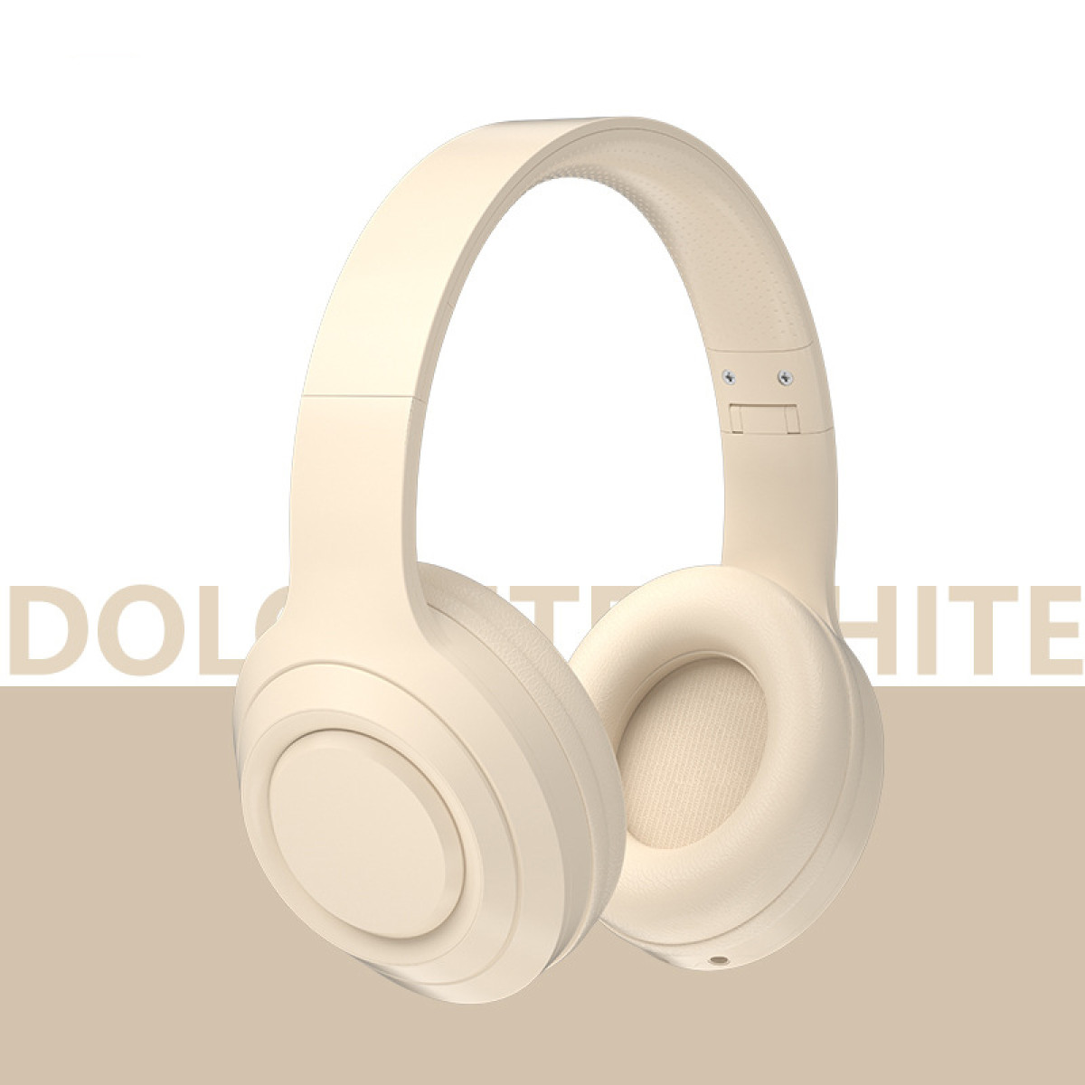 Cremefarbene Kopfhörer, isoliert auf Weiß. Die Kopfhörer haben ein Over-Ear-Design mit gepolstertem Kopfband und Ohrmuscheln. Der Hintergrund ist weiß.