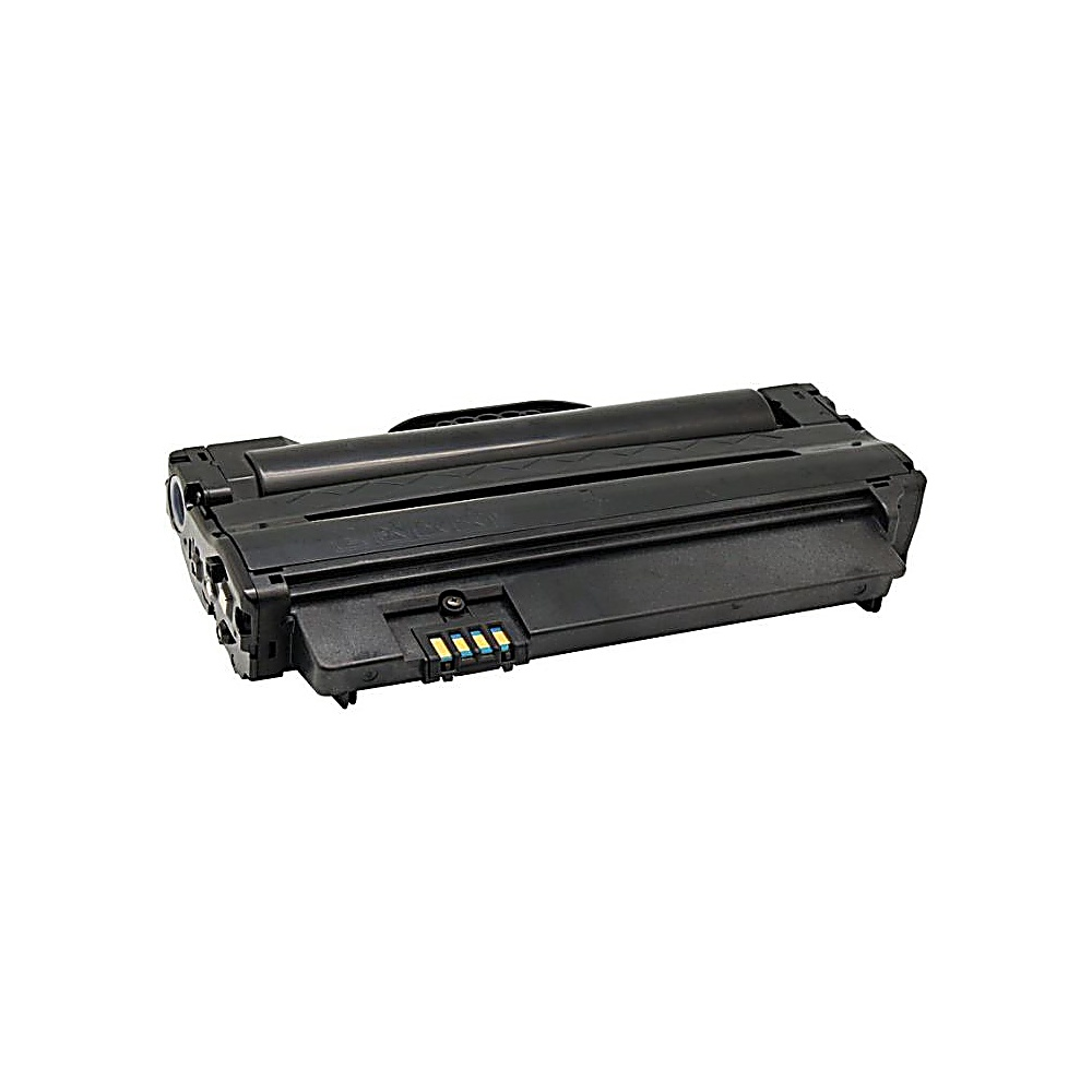 Una cartuccia di toner nera per stampante su sfondo bianco. La cartuccia è rettangolare con alcuni connettori colorati.